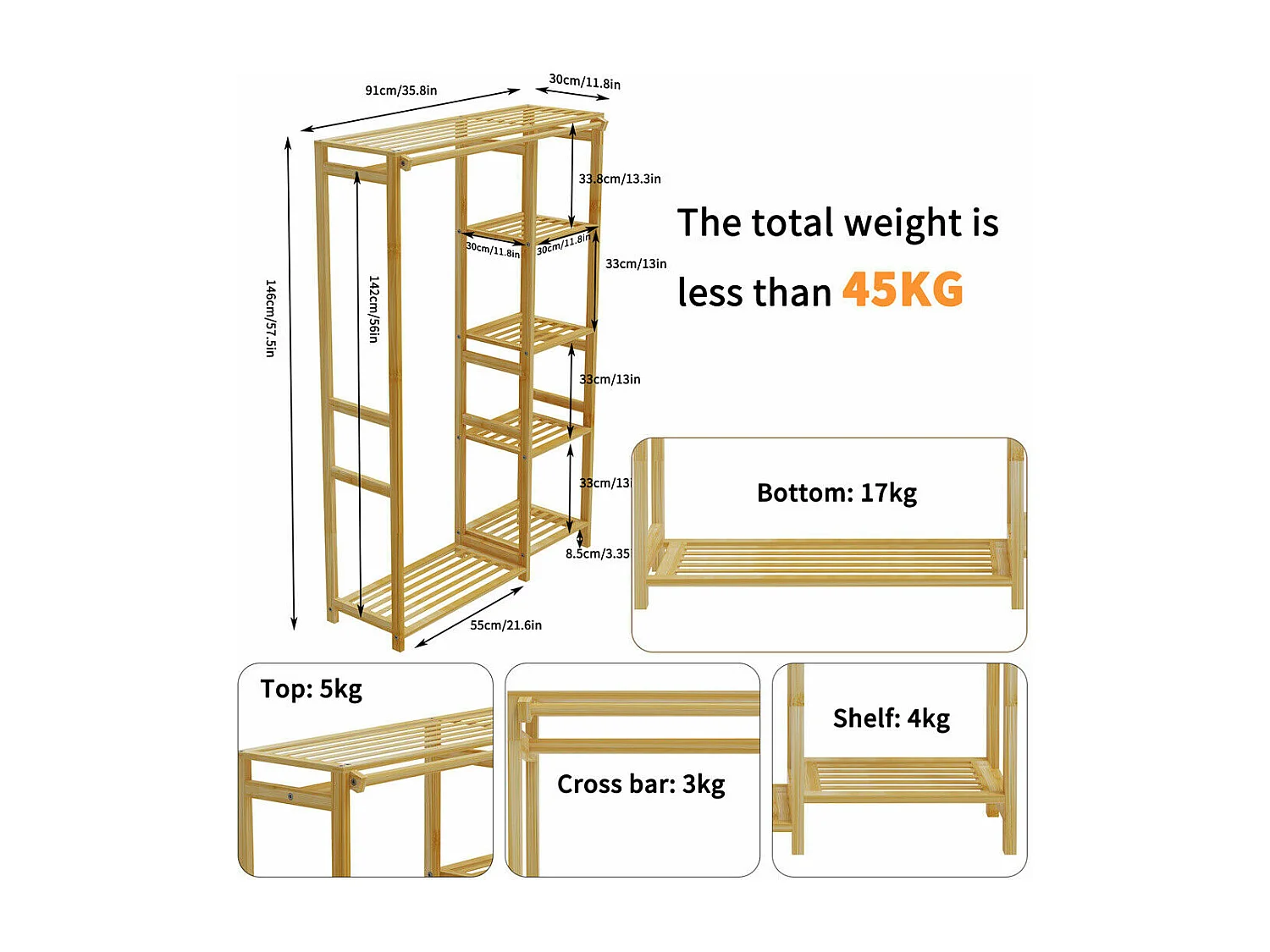 Kleiderständer mit offenem Kleiderschrank auf Füßen 90x30x146xcm