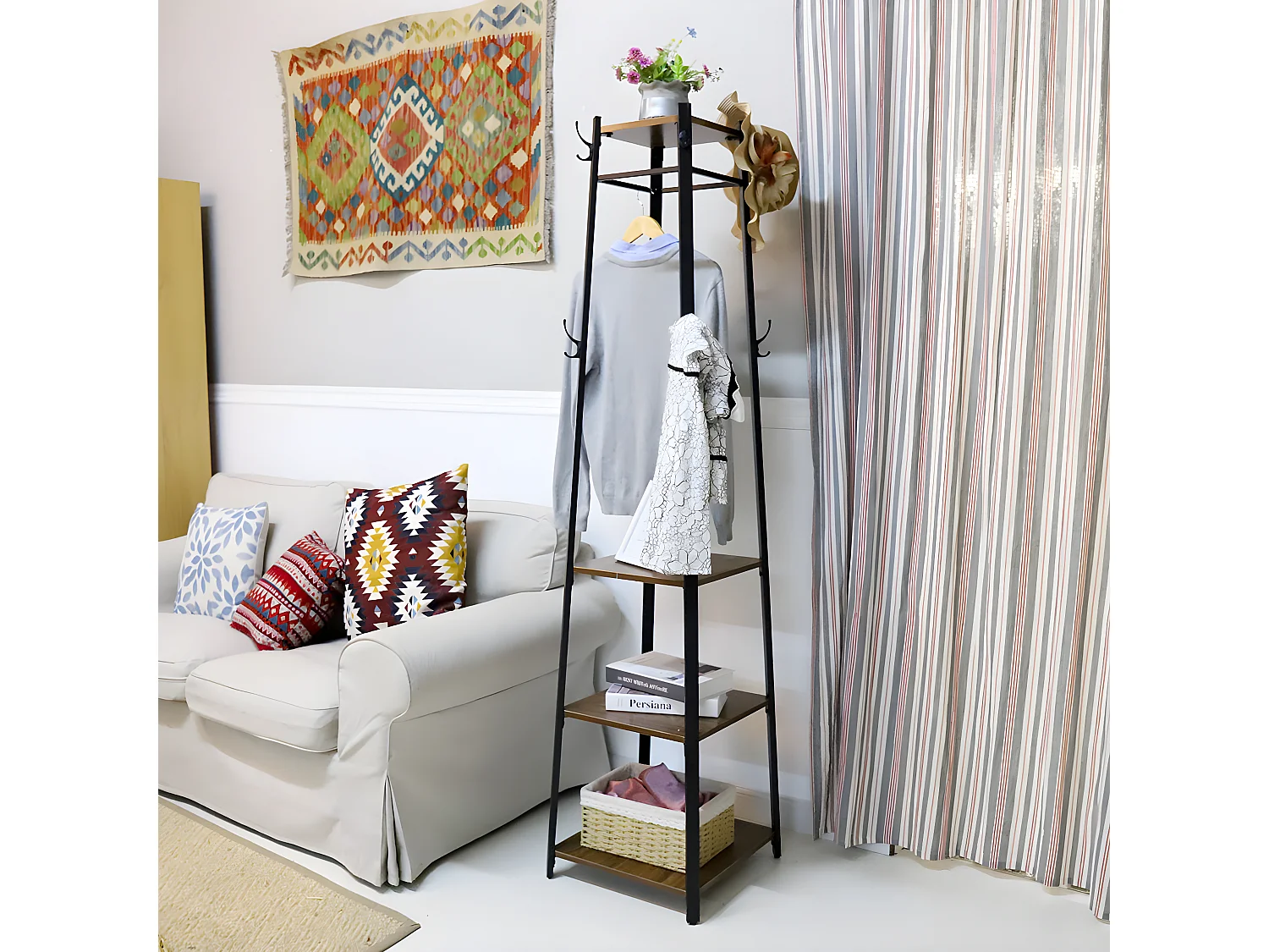 Garderobenständer auf Füßen Papagei Design Garderobenständer mit 4 Ablagen Massiver Kleiderständer Garderobenständer 8 Haken 43x43x180cm