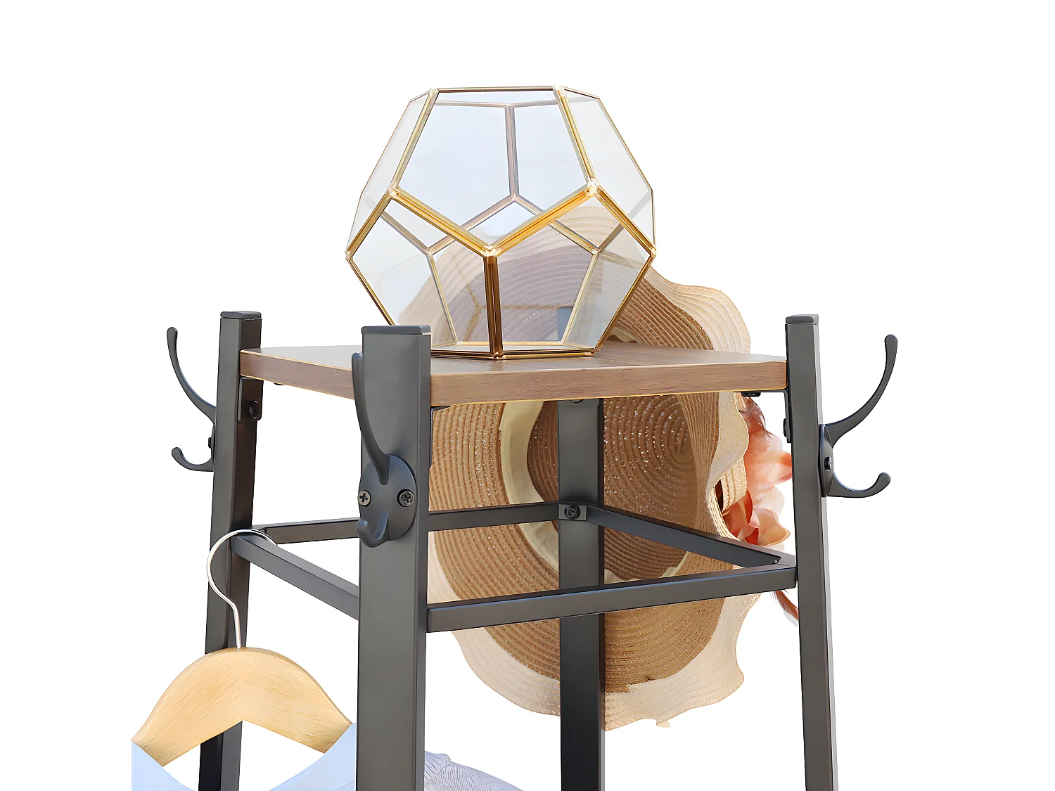 Porte manteau sur pieds porte manteau design perroquet avec 4 étagères porte vêtement solide portemanteaux 8 crochet 43x43x180cm