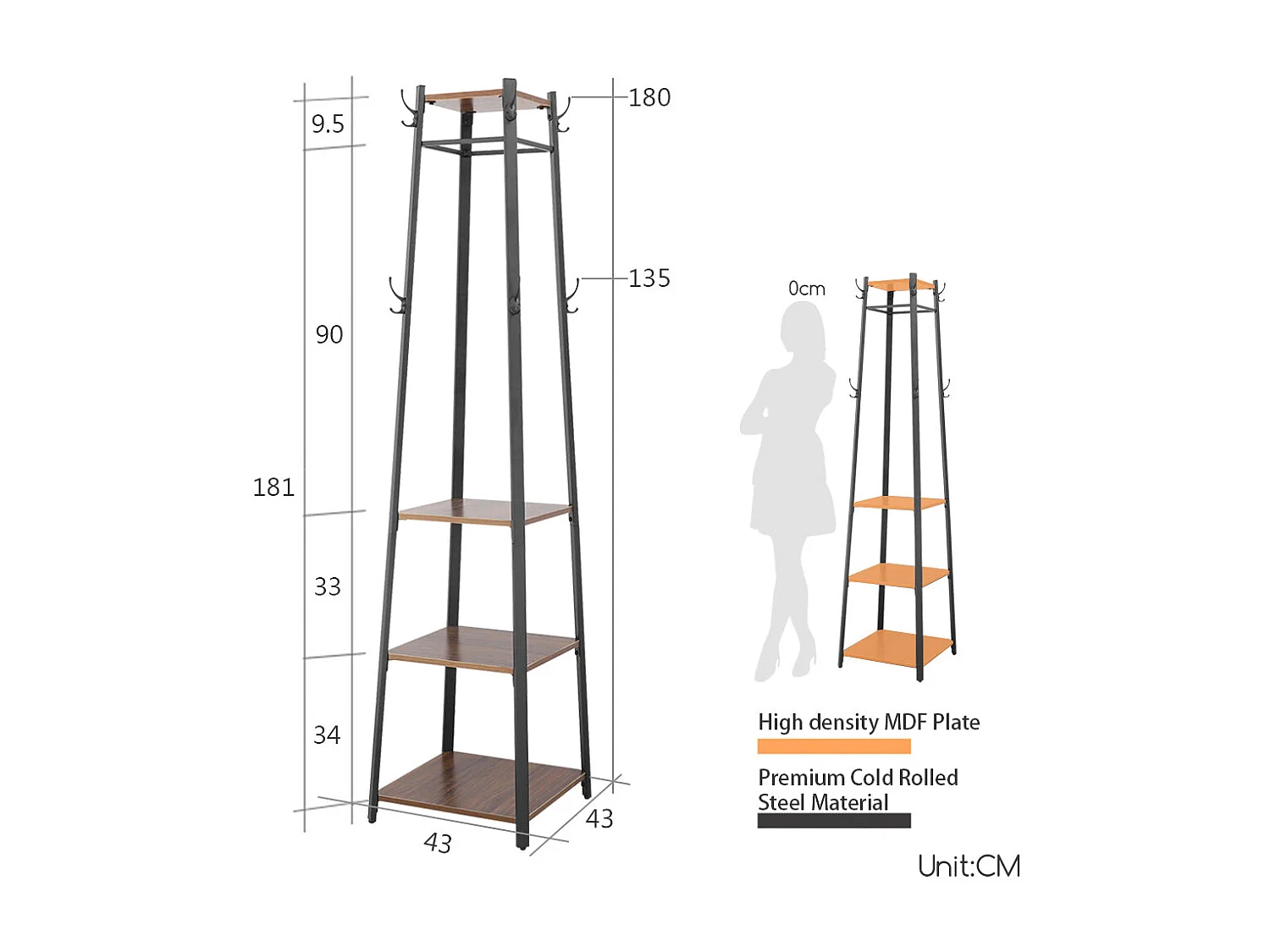 Porte manteau sur pieds porte manteau design perroquet avec 4 étagères porte vêtement solide portemanteaux 8 crochet 43x43x180cm
