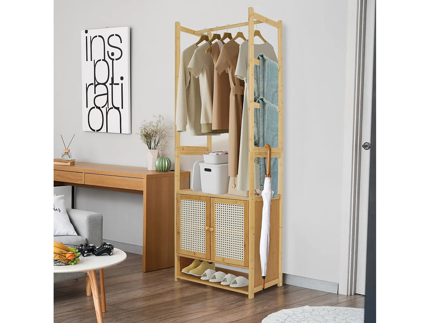 Bambus Kleiderständer, stabiler Garderobenständer auf Füßen, 53x31,5x168cm