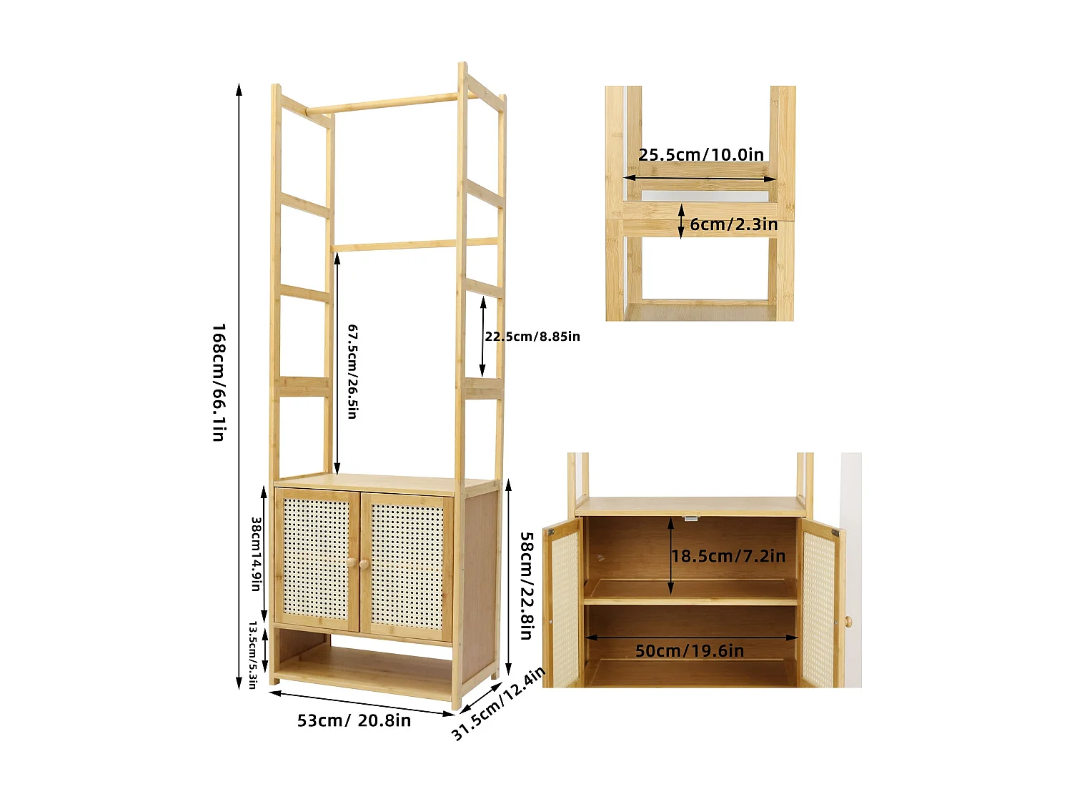 Bambus Kleiderständer, stabiler Garderobenständer auf Füßen, 53x31,5x168cm