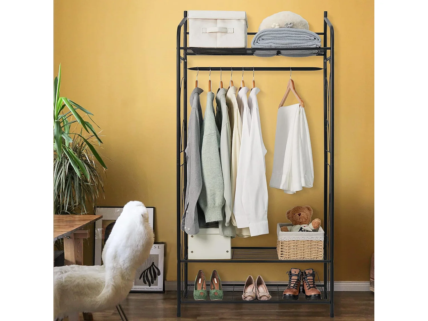 Porte manteau sur pieds porte manteau design perroquet avec 4 étagères porte vêtement solide portemanteaux 8 crochet 43x43x180cm