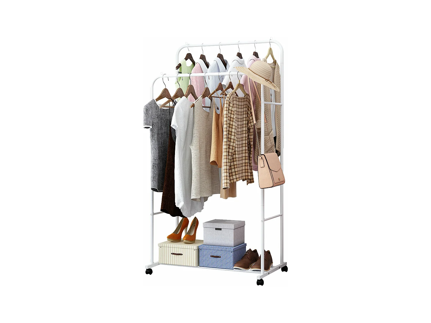 Cabideiro com rodas, cabideiro multifuncional resistente, cabideiro profissional com 2 hastes, 80,5x51x155 cm
