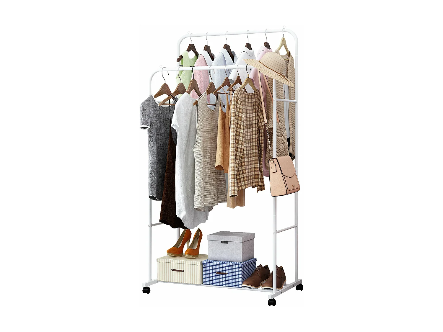 Portant à vêtements à roulettes penderie vêtements solide multifontionnel porte manteaux professionnel à 2 p?les 80.5x51x155cm