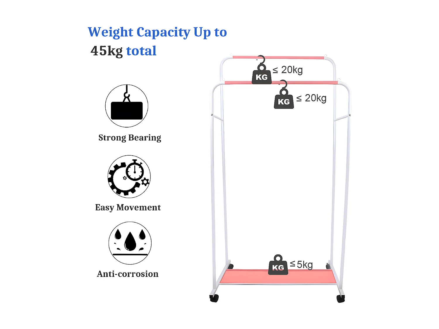 Portant à vêtements à roulettes penderie vêtements solide multifontionnel porte manteaux professionnel à 2 p?les 80.5x51x155cm