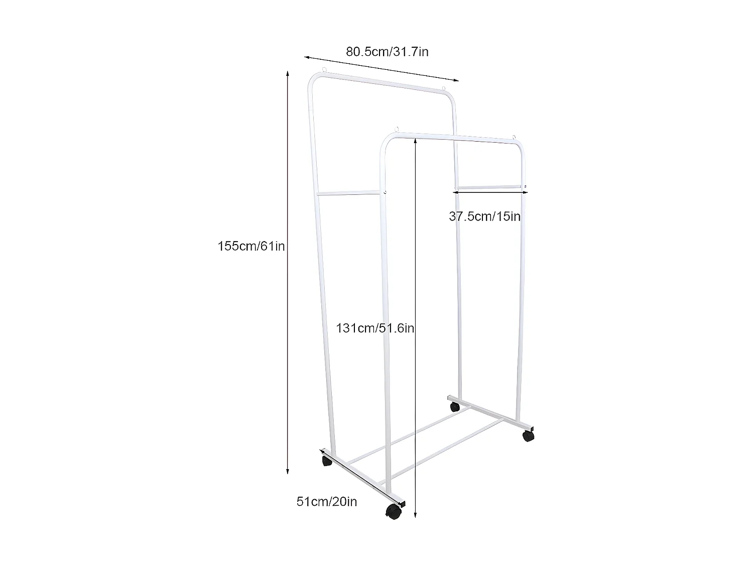 Portant à vêtements à roulettes penderie vêtements solide multifontionnel porte manteaux professionnel à 2 p?les 80.5x51x155cm
