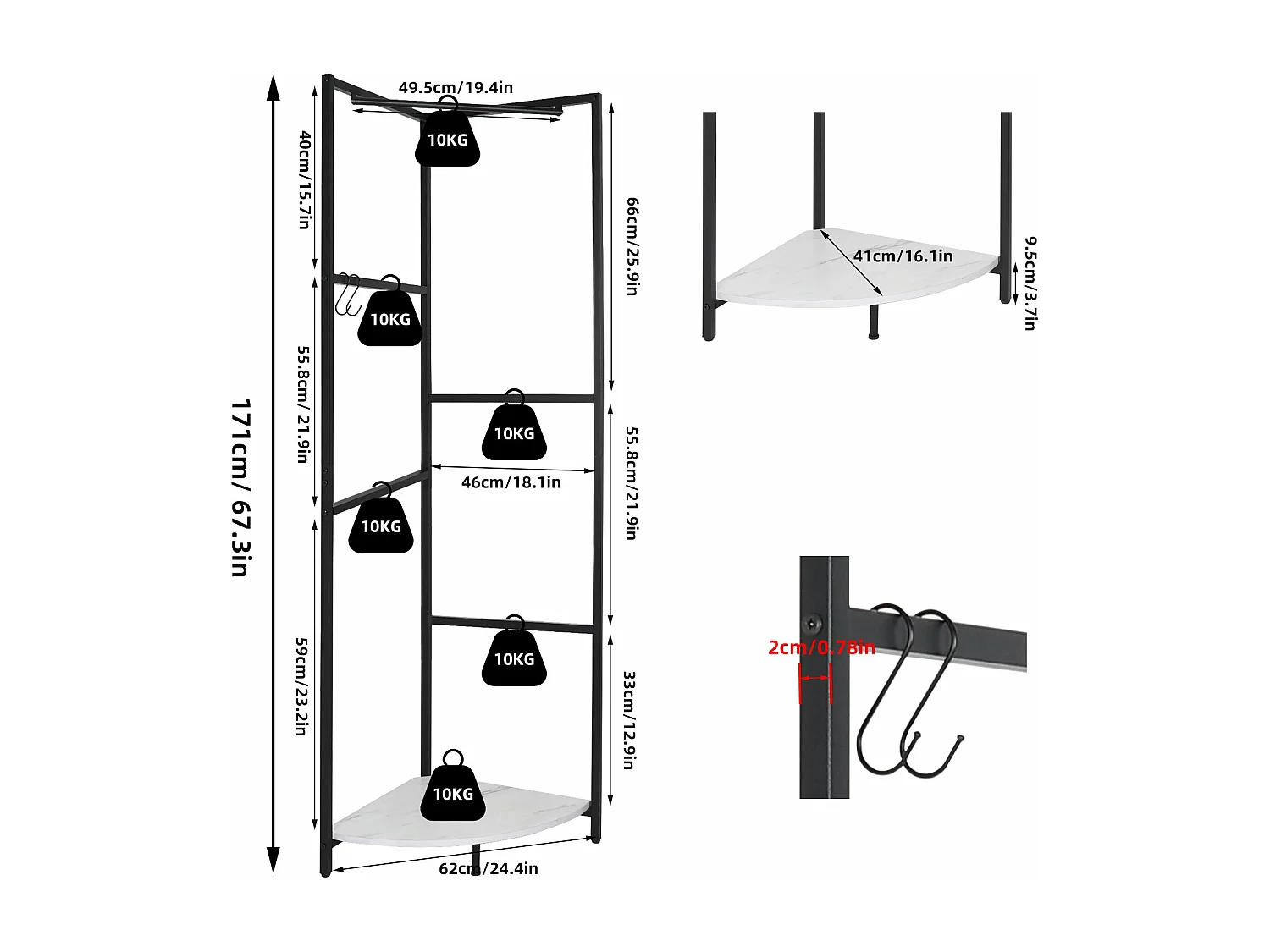 Garderobenständer auf Eckfüßen Kleiderständer mit Ablage Flur Garderobe für Schlafzimmer Wohnzimmer Zuhause 62x46x171cm