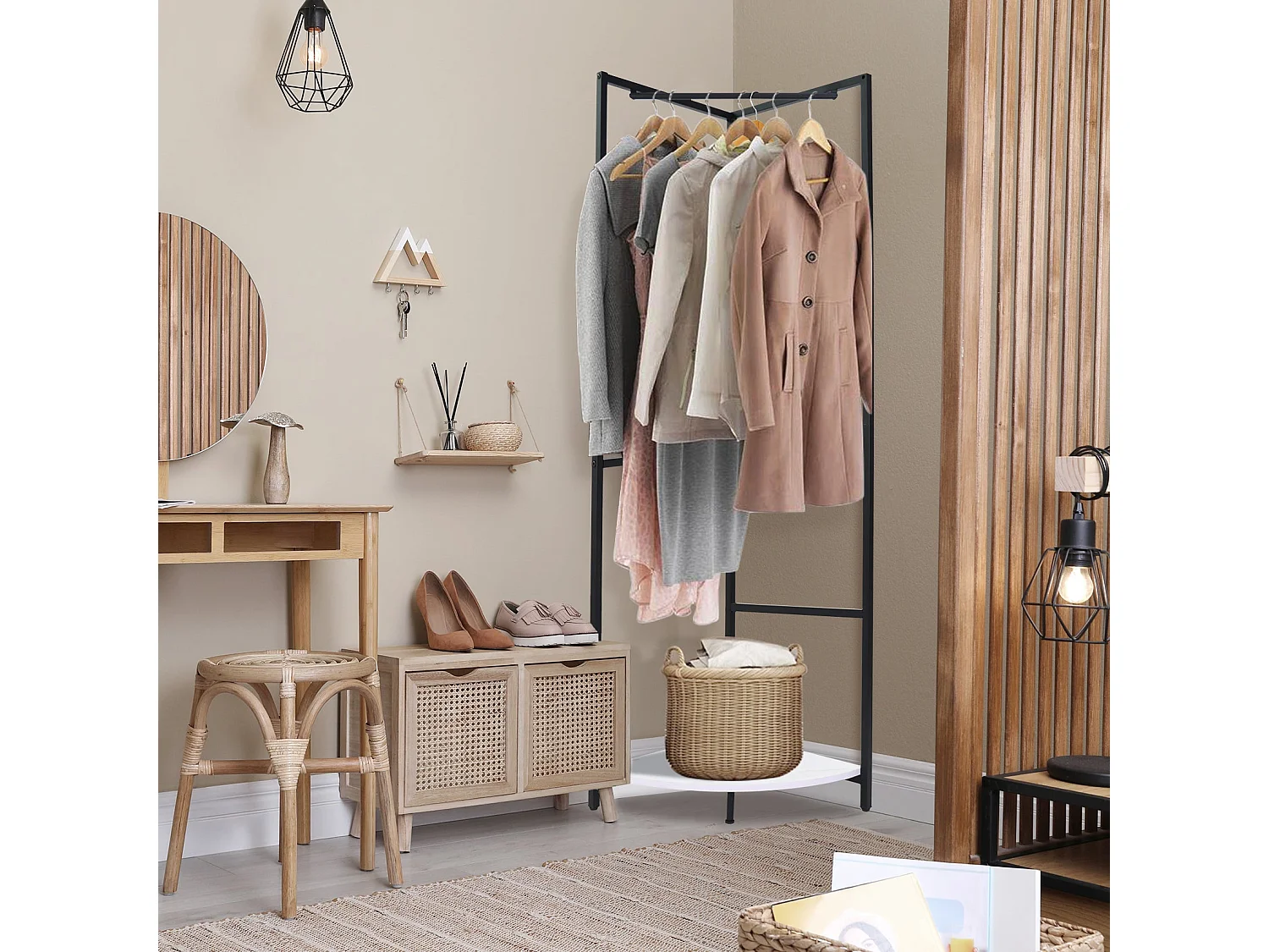 Porte manteau sur pieds d’angle portant à vêtements avec étagère vestiaire d’entrée pour chambre salon maison 62x46x171cm