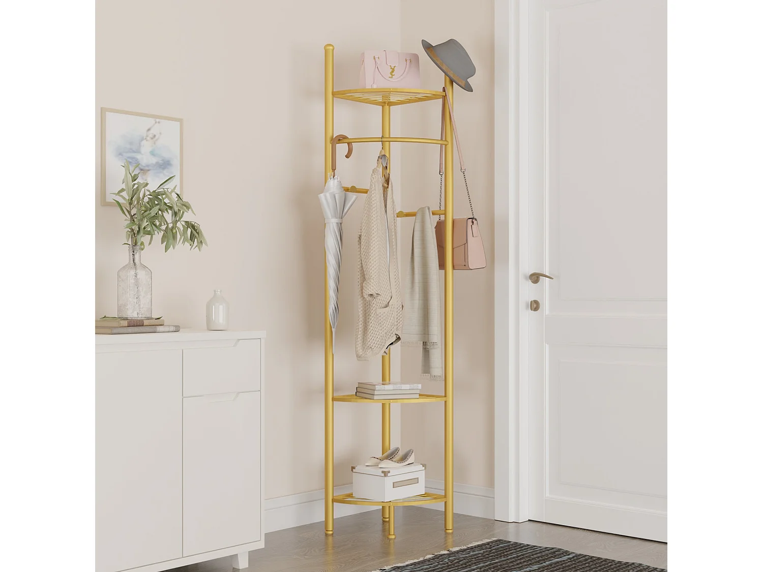 Porte manteau sur pieds d’angle portant à vêtements avec étagère vestiaire d’entrée 44.5x174cm
