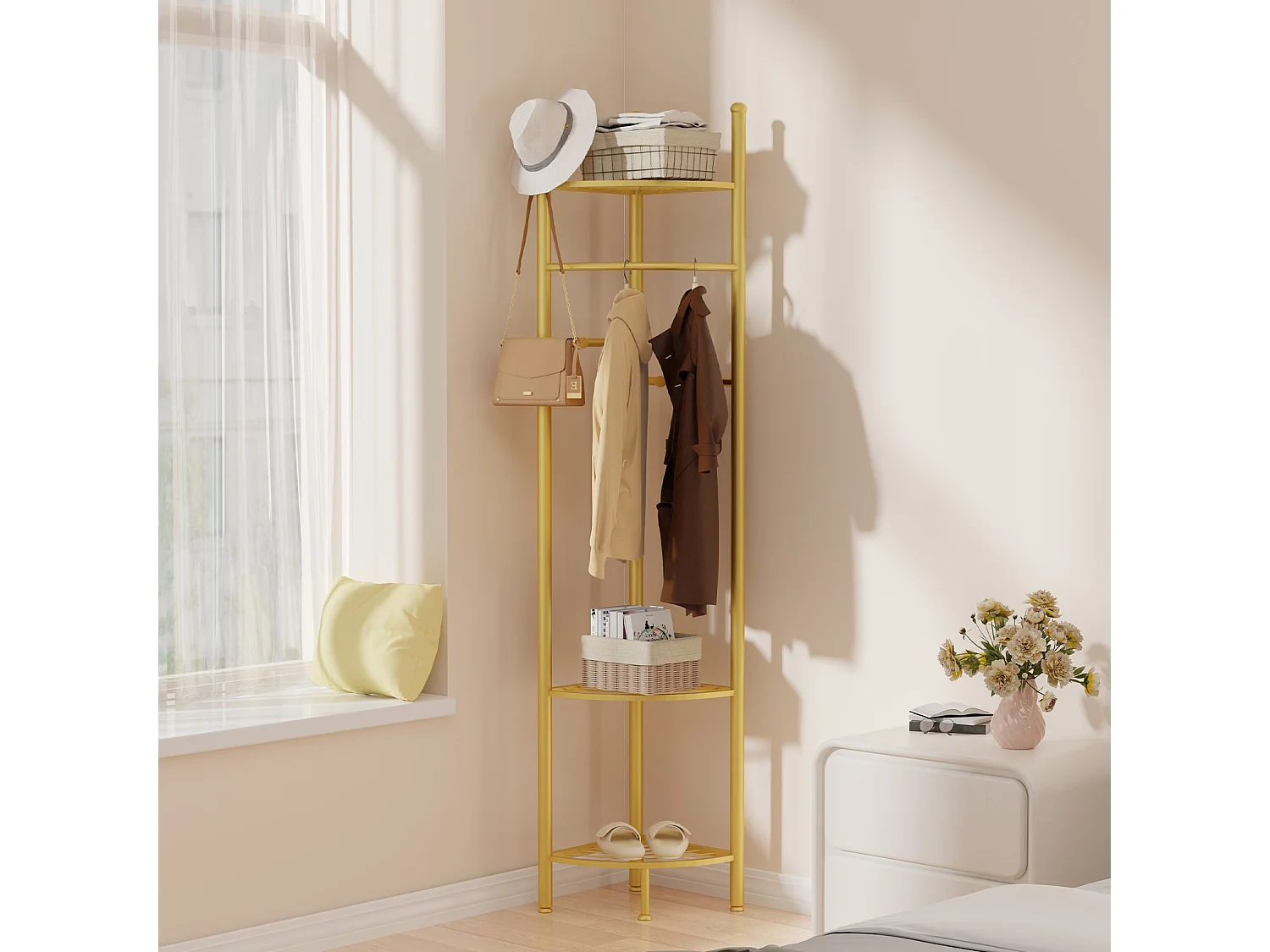 Porte manteau sur pieds d’angle portant à vêtements avec étagère vestiaire d’entrée 44.5x174cm