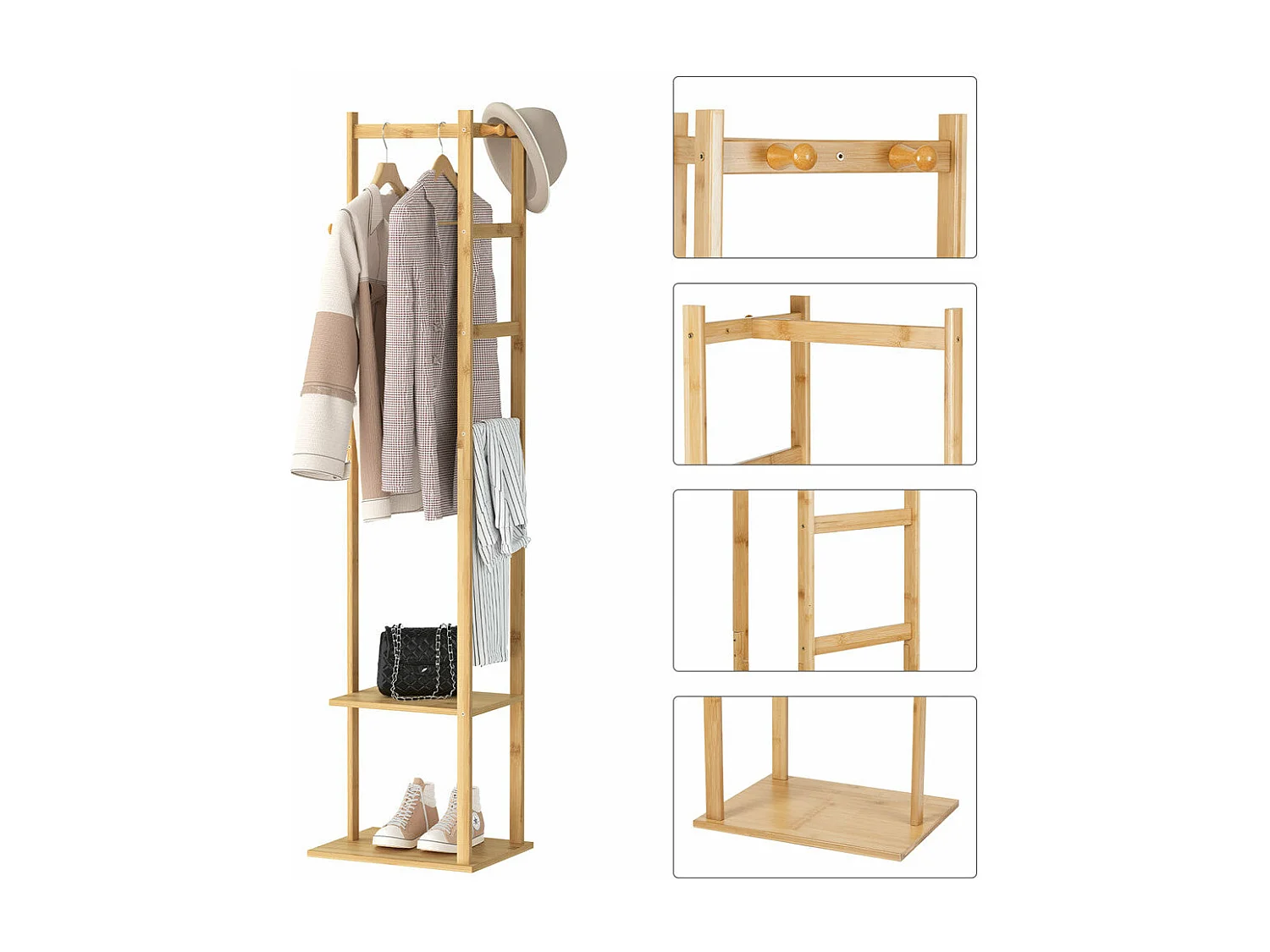 Porte manteau sur pieds en bambou portant à vêtements charge max 35kg 38x30x155cm