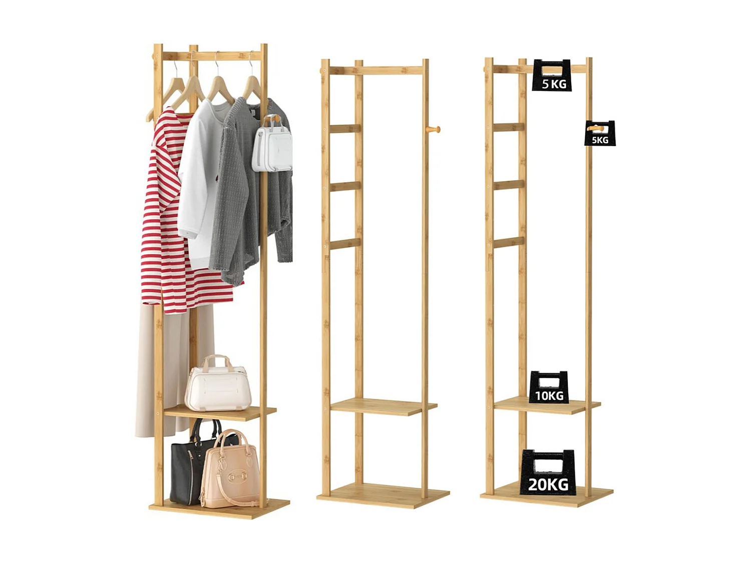Porte manteau sur pieds en bambou portant à vêtements charge max 35kg 38x30x155cm