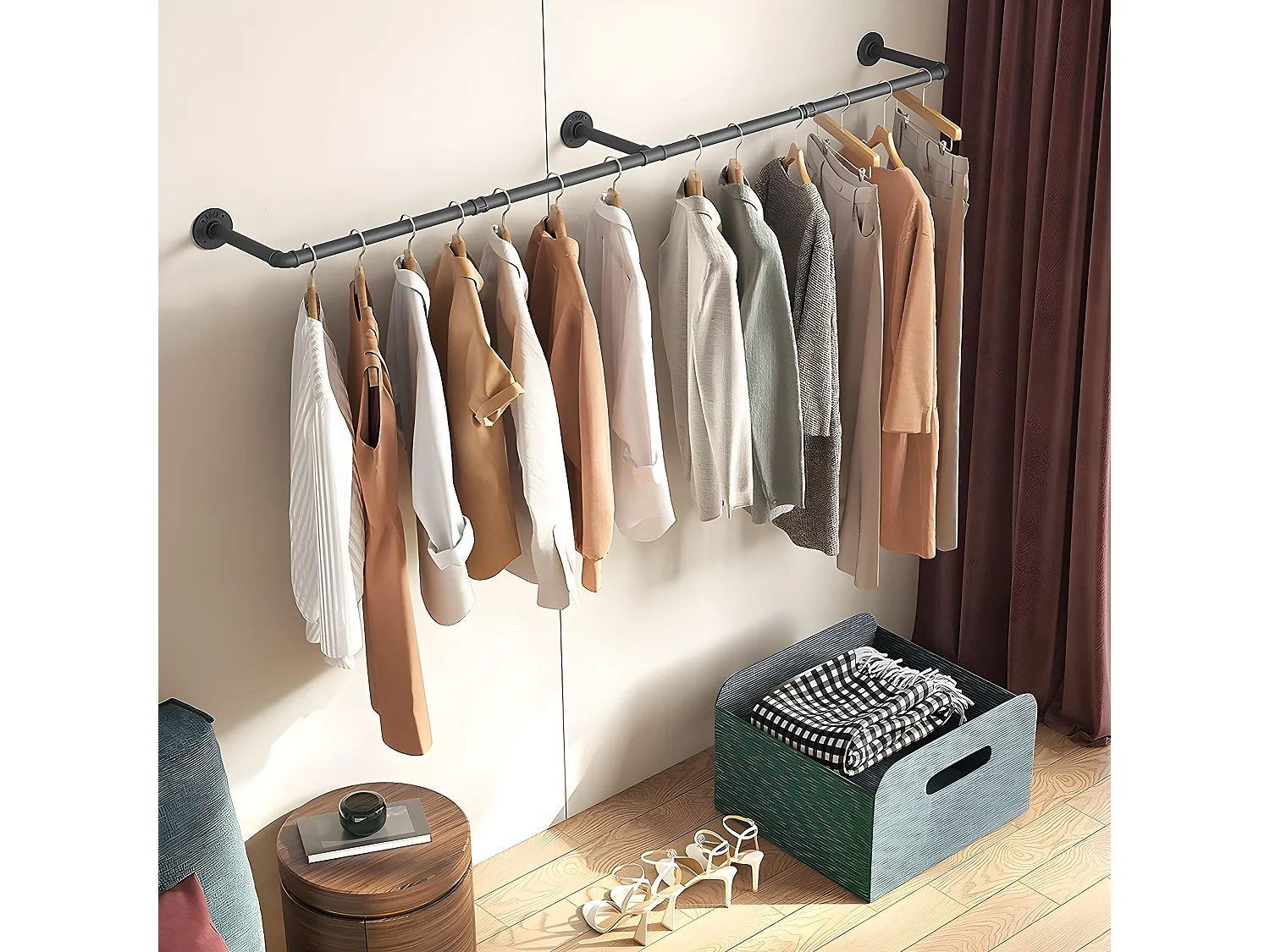 LouMaxx Rusticline Appendiabiti Da Parete In Stile Industriale, Set Con Asta In Tubo Nero E Mensola Effetto Rovere, Ghisa Verniciata, Facile Montaggio