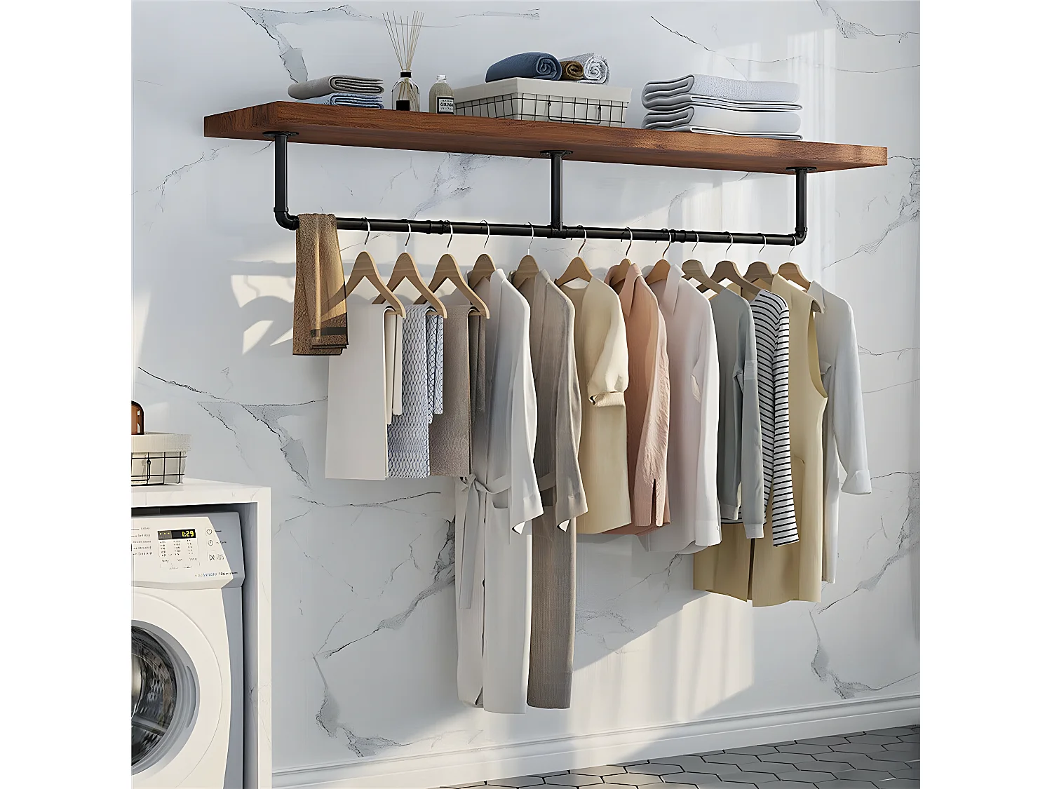 Penderie murale vêtement suspendue solide porte manteau design portant à vêtement industriel tringle amovible 180x27x2.5cm