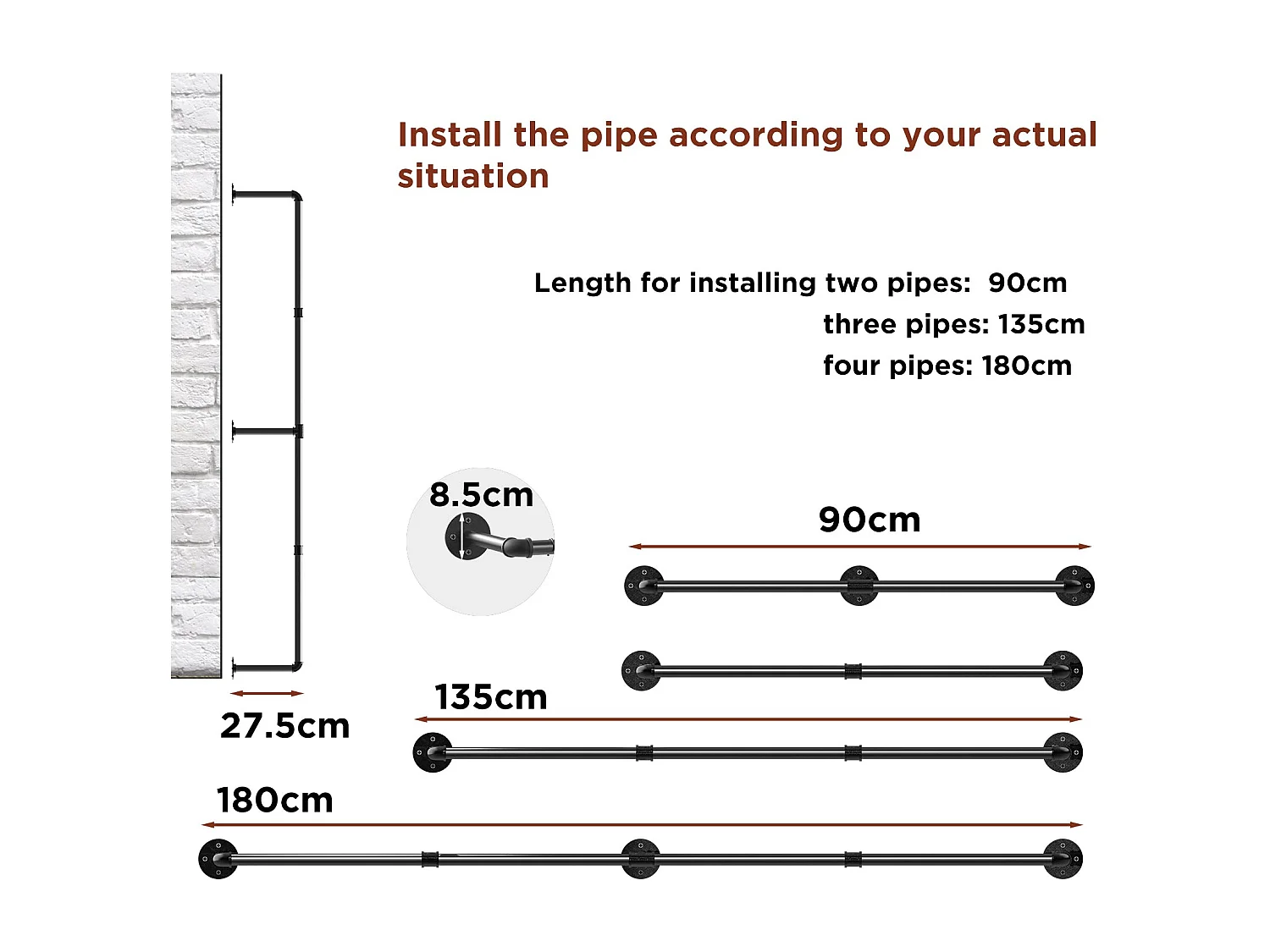 Penderie murale vêtement suspendue solide porte manteau design portant à vêtement industriel tringle amovible 180x27x2.5cm