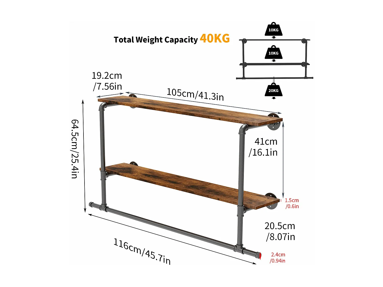 Wandgarderobe mit Ablagen, Hängegarderobe, Designergarderobe 116x20,5x64,5cm