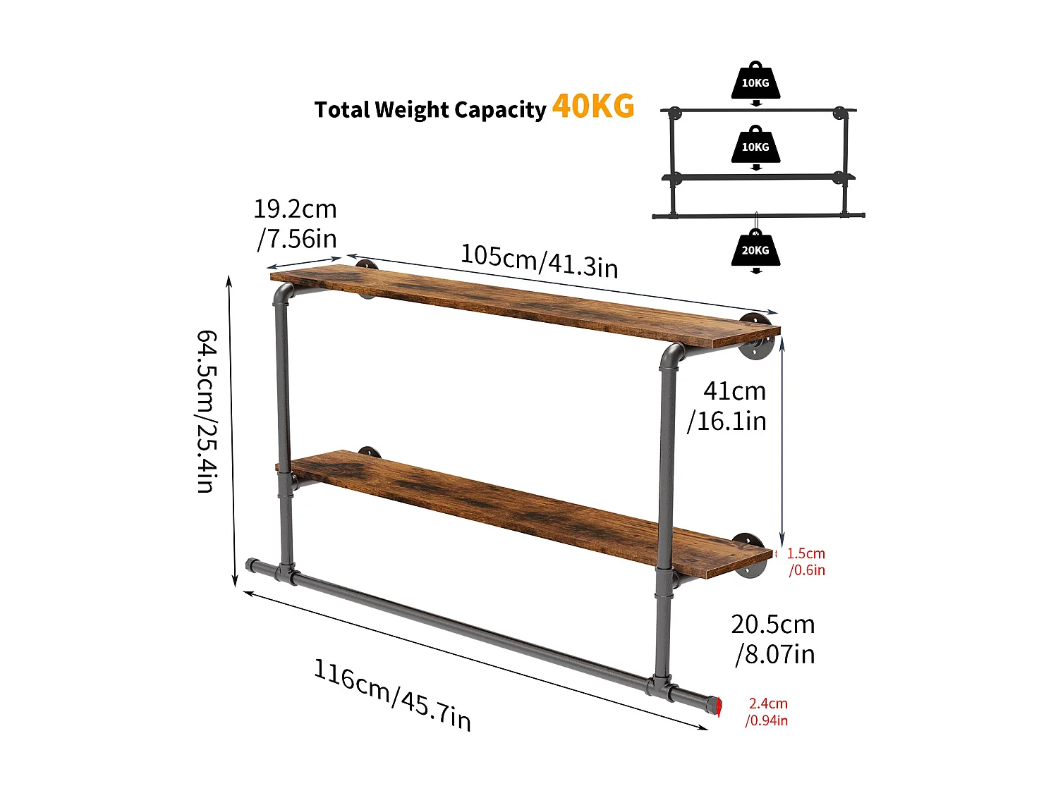 Penderie vêtement mural avec étagères portant vêtement suspendue tringle à vêtement design porte manteau 116x20.5x64.5cm