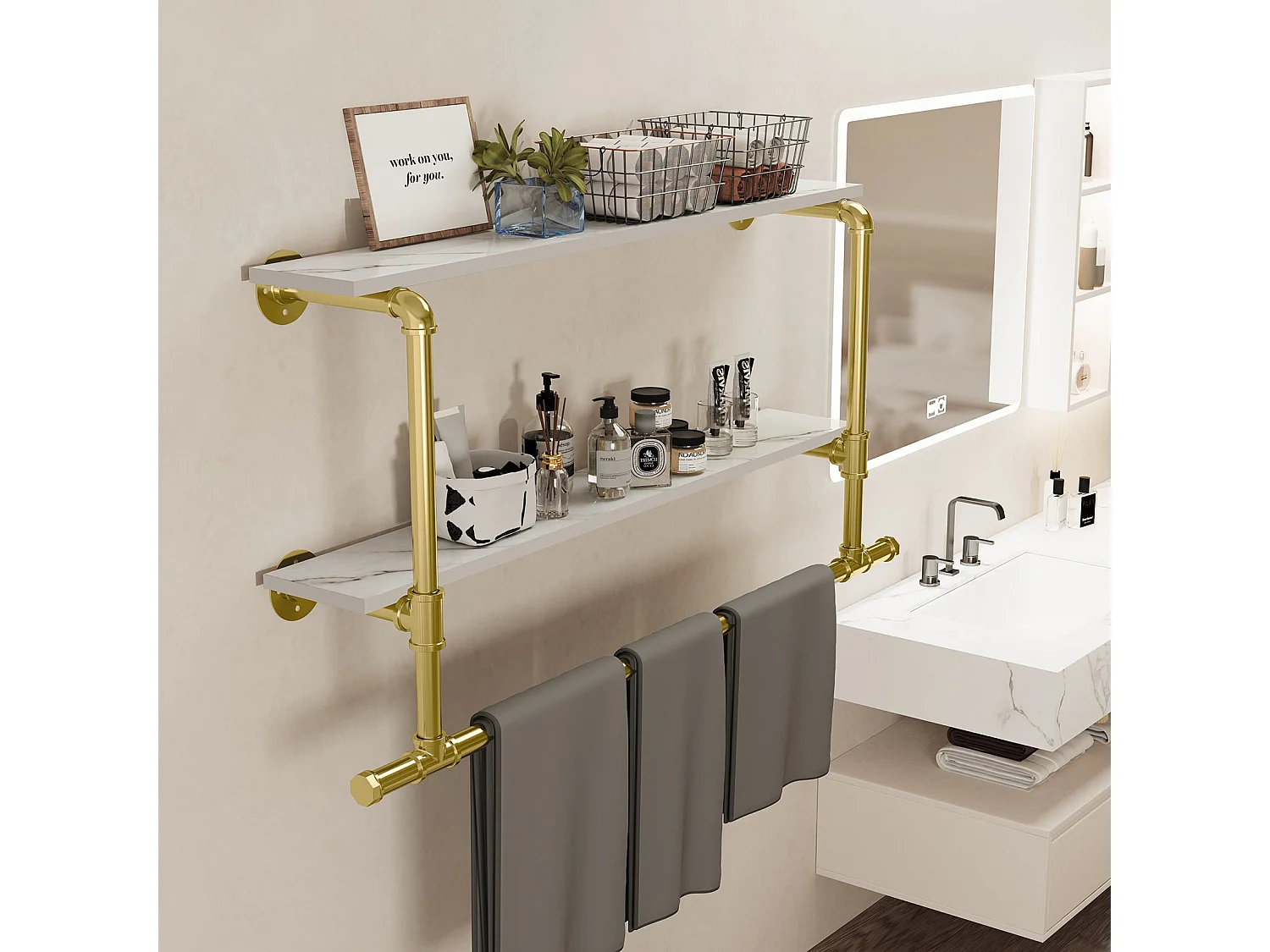 Penderie vêtement avec étagères portant vêtement mural tringle à vêtement suspendue porte manteau design 116x20.5x64.5cm