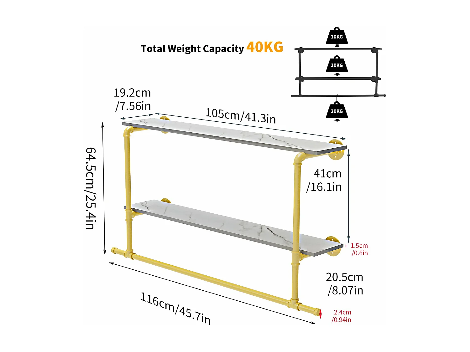 Penderie vêtement avec étagères portant vêtement mural tringle à vêtement suspendue porte manteau design 116x20.5x64.5cm