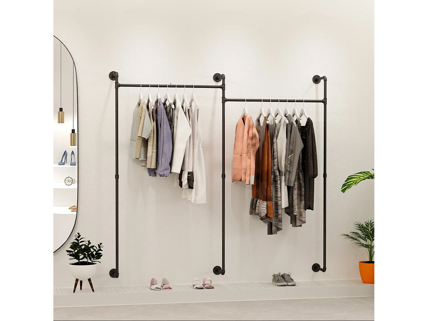 Wandkleedrek voor kleedkamer, industriële hangkledingrek, open kledingkast, design in buizen 205x190cm