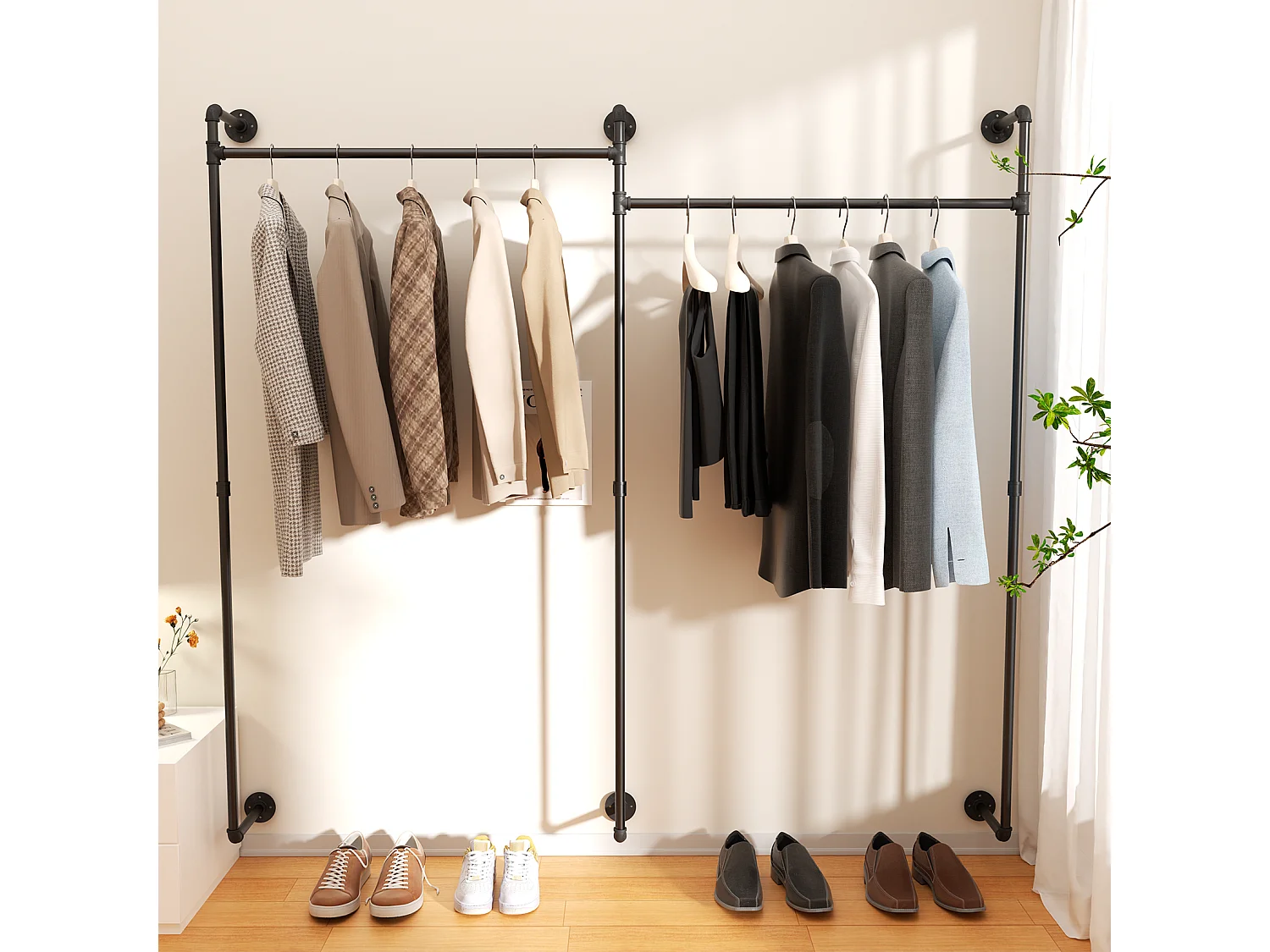 Penderie vêtements pour dressing mural portant à vêtement industriel suspendu armoire ouverte design en tubes 205x190cm