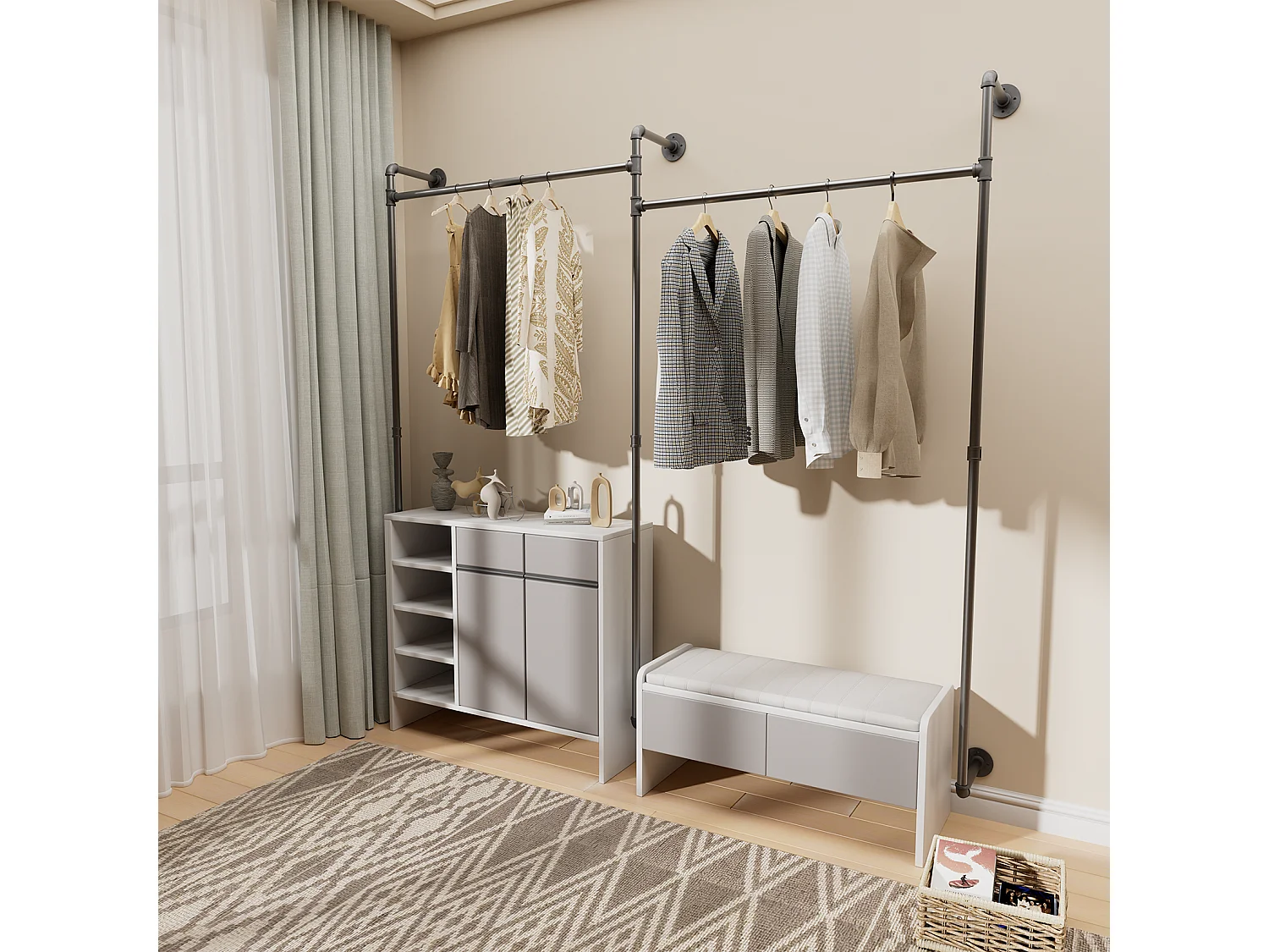 Penderie vêtements pour dressing mural portant à vêtement industriel suspendu armoire ouverte design en tubes 205x190cm