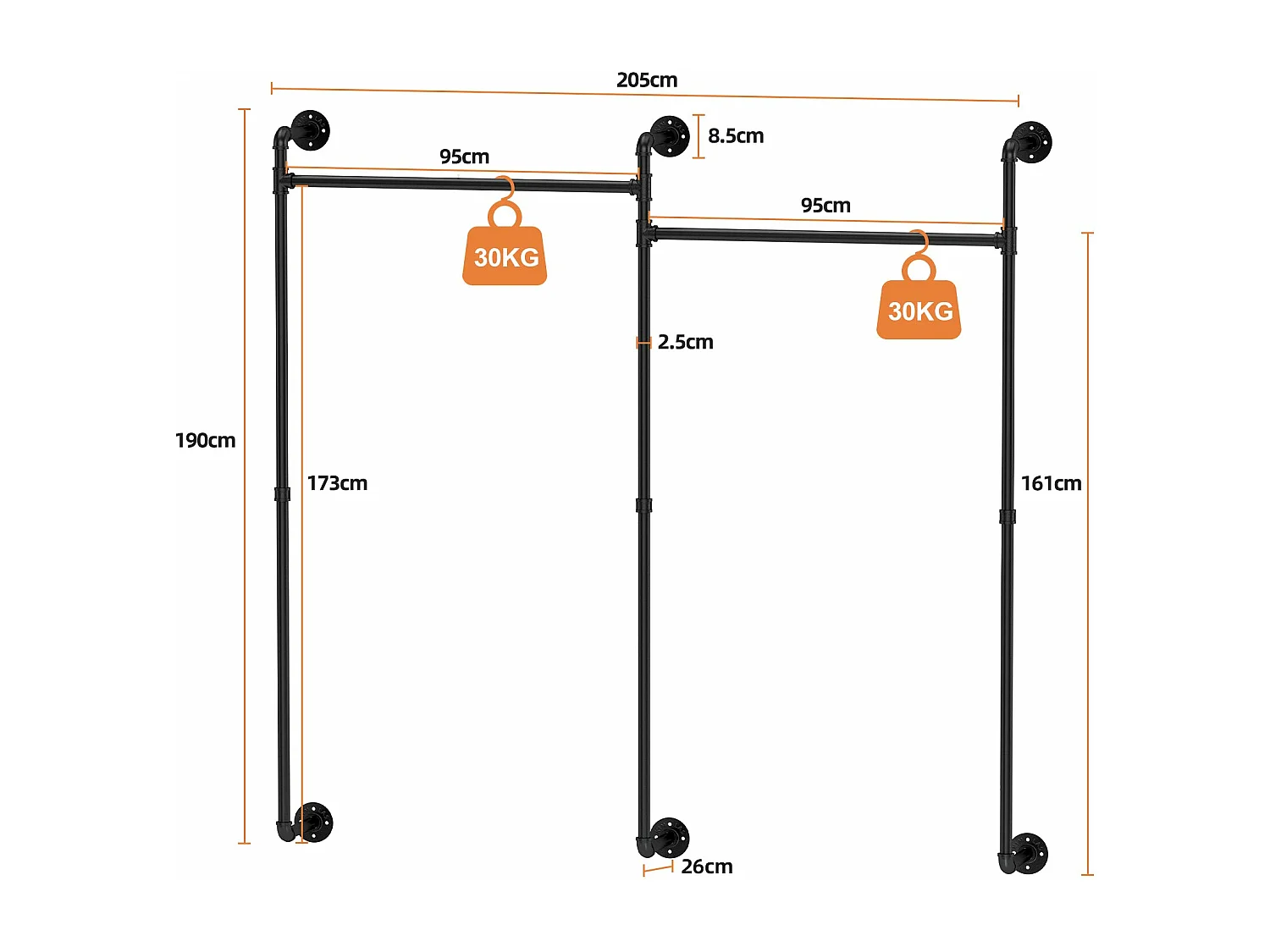 Penderie vêtements pour dressing mural portant à vêtement industriel suspendu armoire ouverte design en tubes 205x190cm