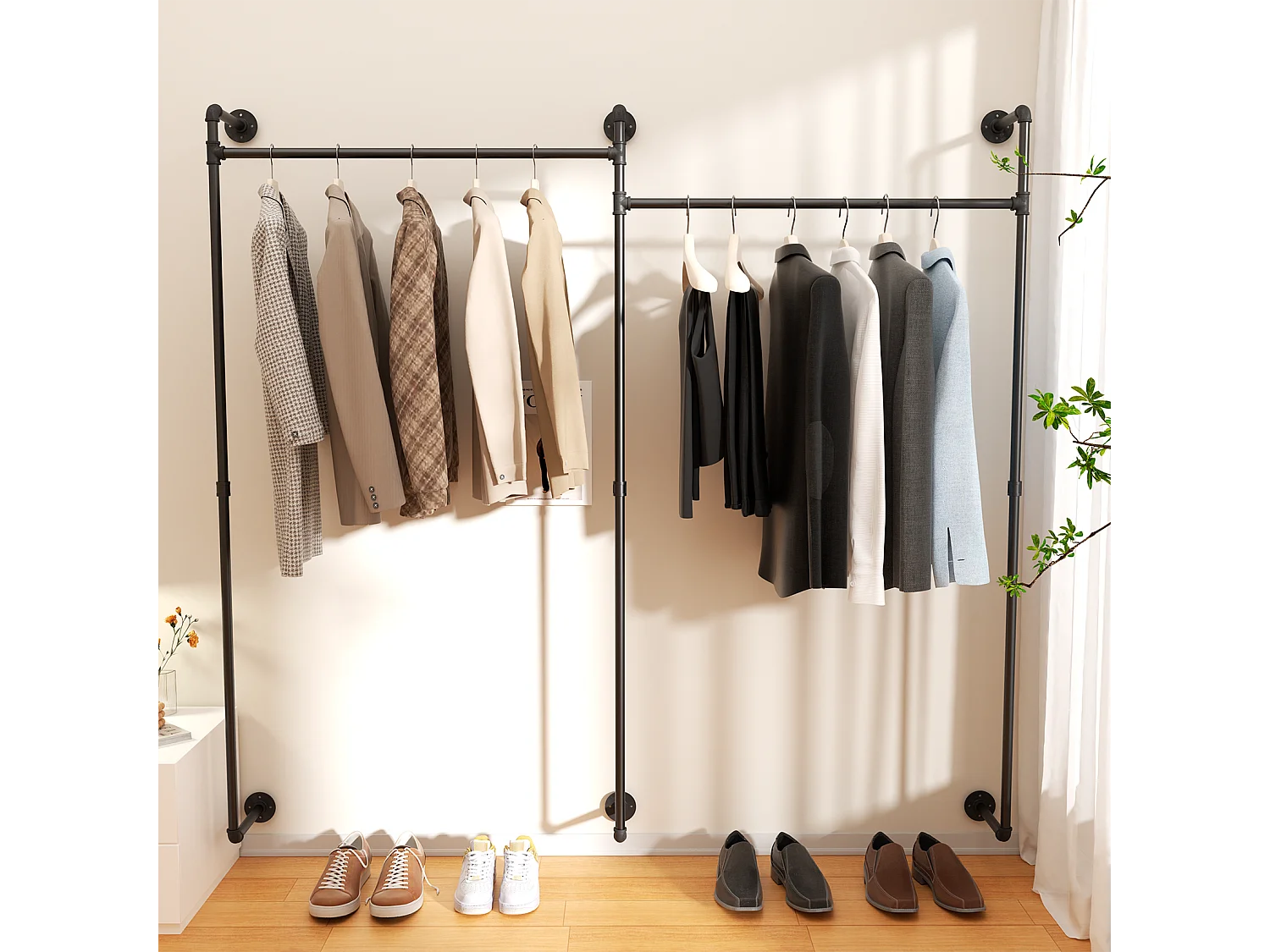 Penderie vêtements pour dressing mural portant à vêtement industriel suspendu armoire ouverte design en tubes 205x190cm