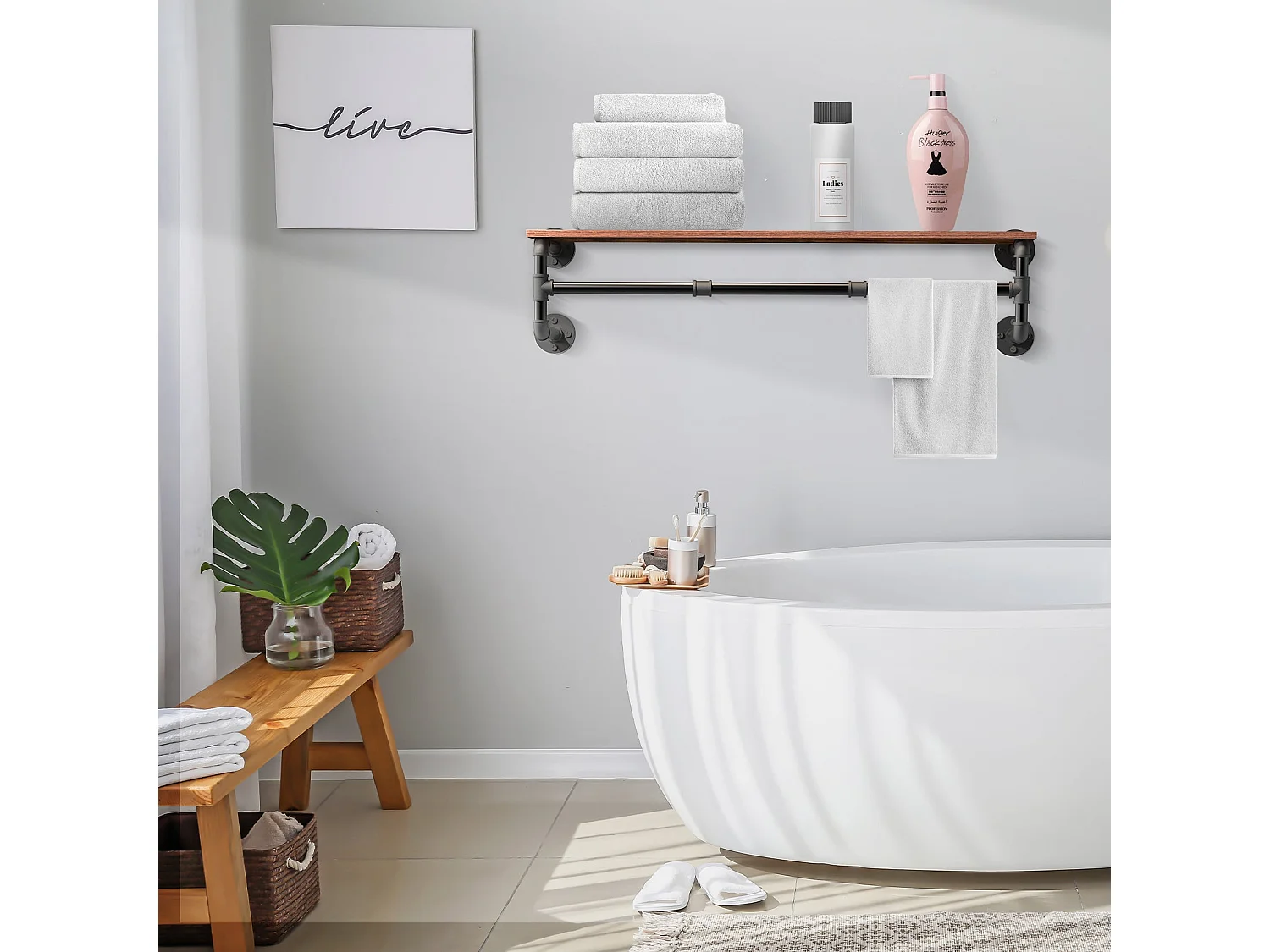 Penderie murale vêtement suspendue industriel portant à vêtement solide porte manteaul design avec étagère amovible 100x25x22cm