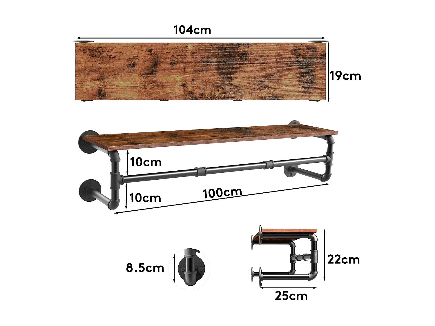 Penderie murale vêtement suspendue industriel portant à vêtement solide porte manteaul design avec étagère amovible 100x25x22cm