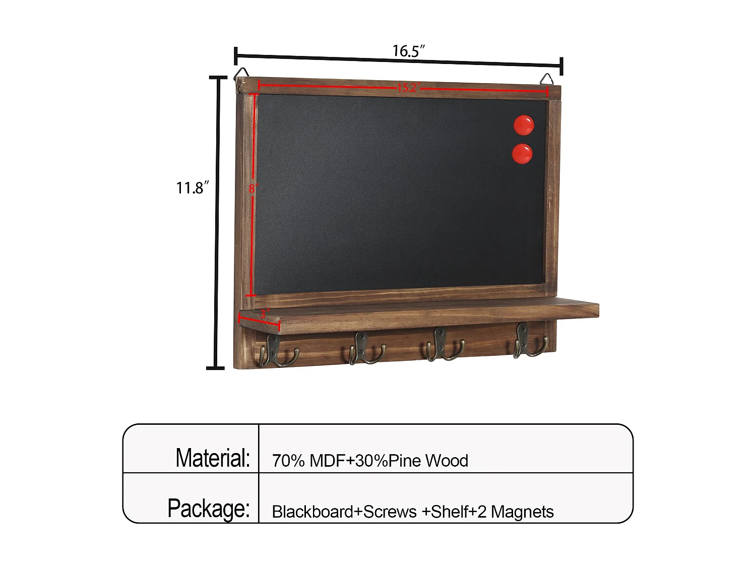 Tableau noir magnétique mural petite ardoise murale à craie effa?able avec porte clef tableau mémo vintage board 42x30cm