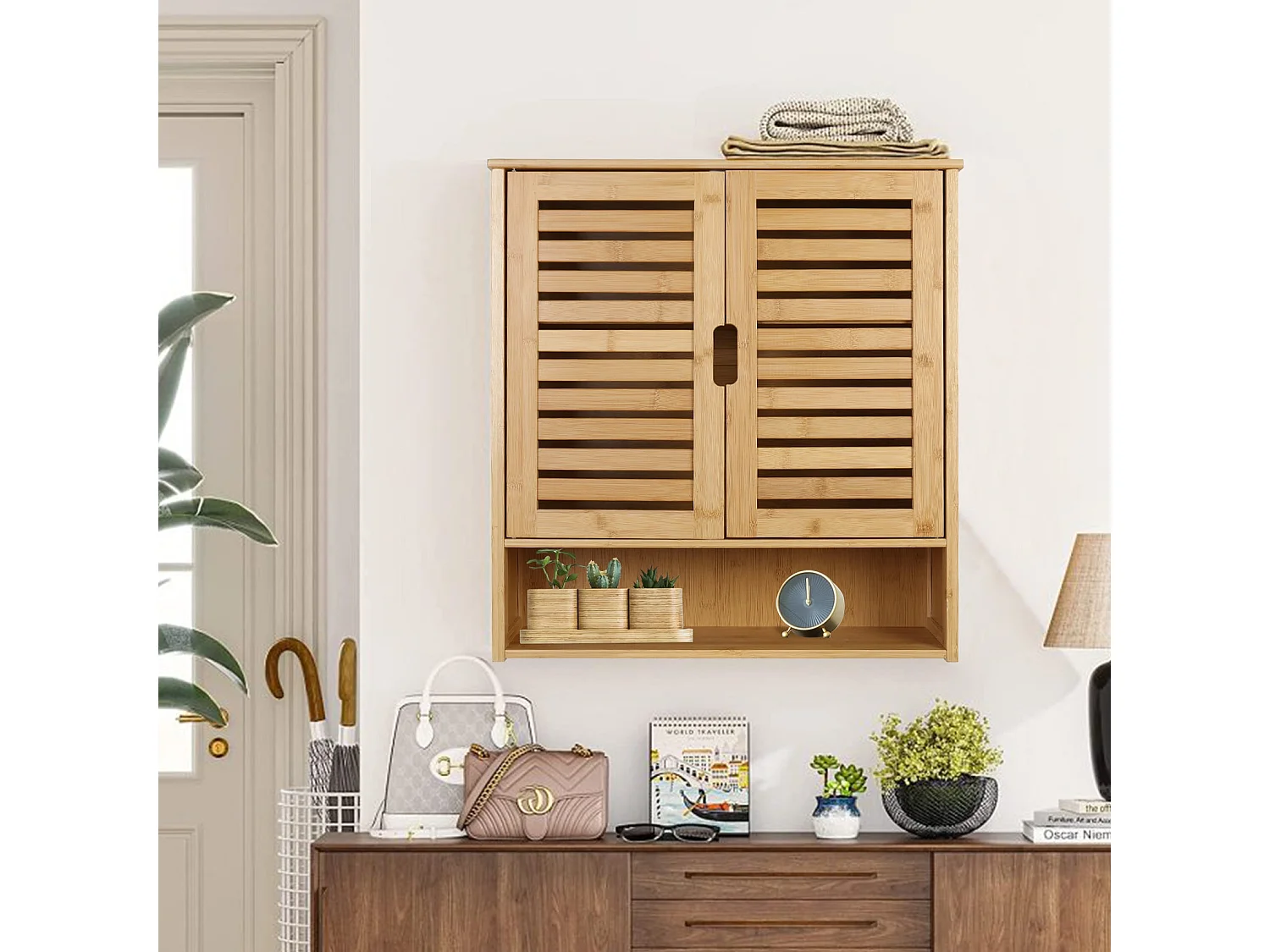 Meuble mural salle de bain armoire toilette suspendu placard wc 2 portes rangement cuisine murale avec étagères réglables 59x20.5x66.5cm