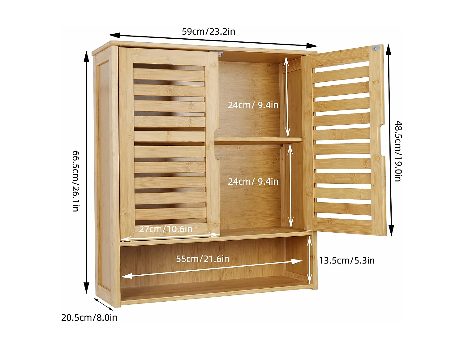 Meuble mural salle de bain armoire toilette suspendu placard wc 2 portes rangement cuisine murale avec étagères réglables 59x20.5x66.5cm