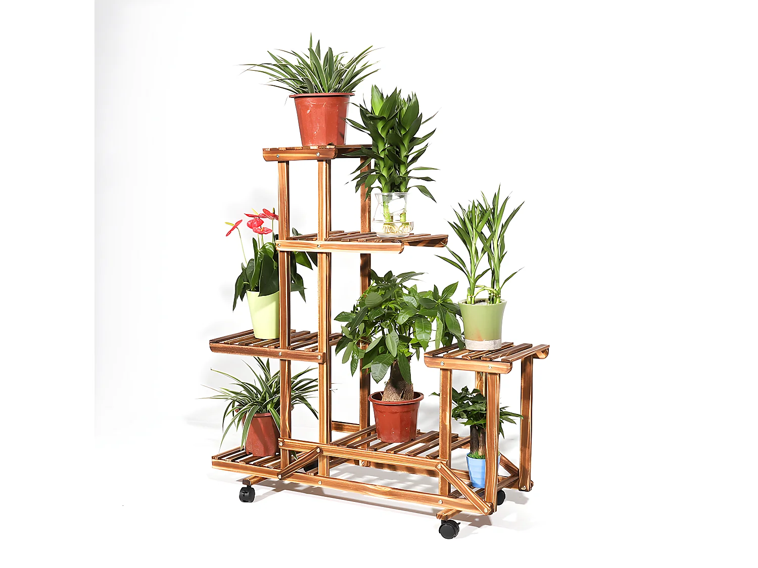 Étagère à fleurs à roulettes porte plante en bois pour balcon salon jardin 95x25x102cm