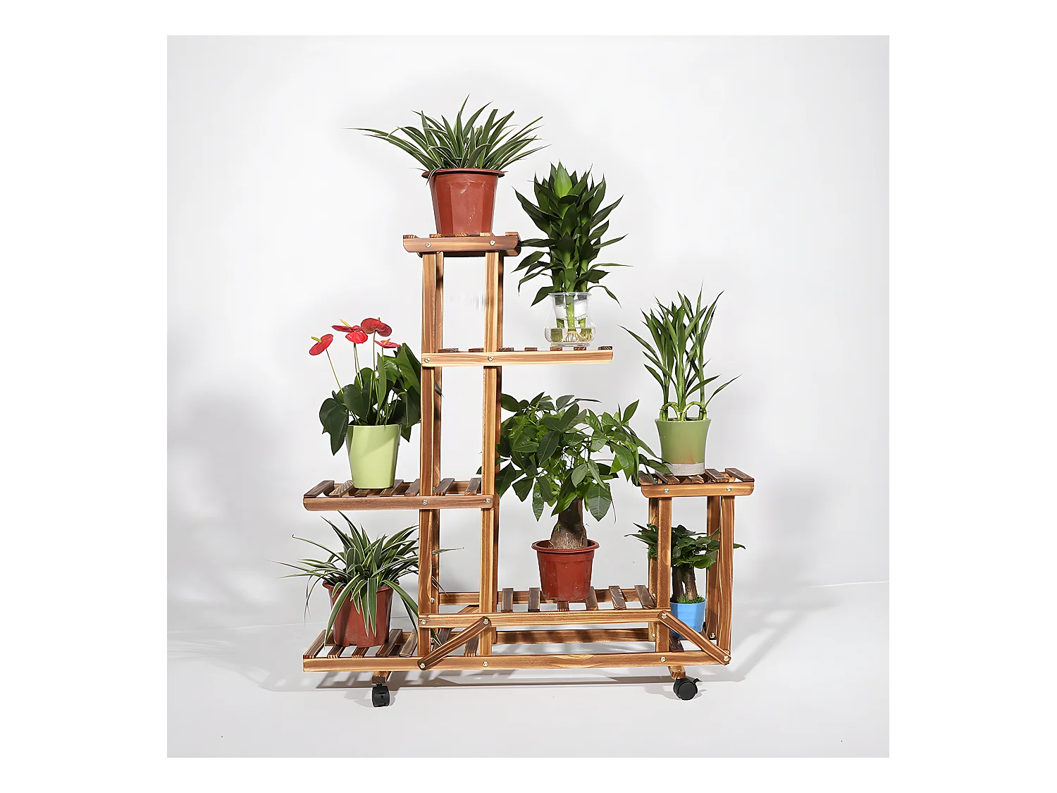 Étagère à fleurs à roulettes porte plante en bois pour balcon salon jardin 95x25x102cm