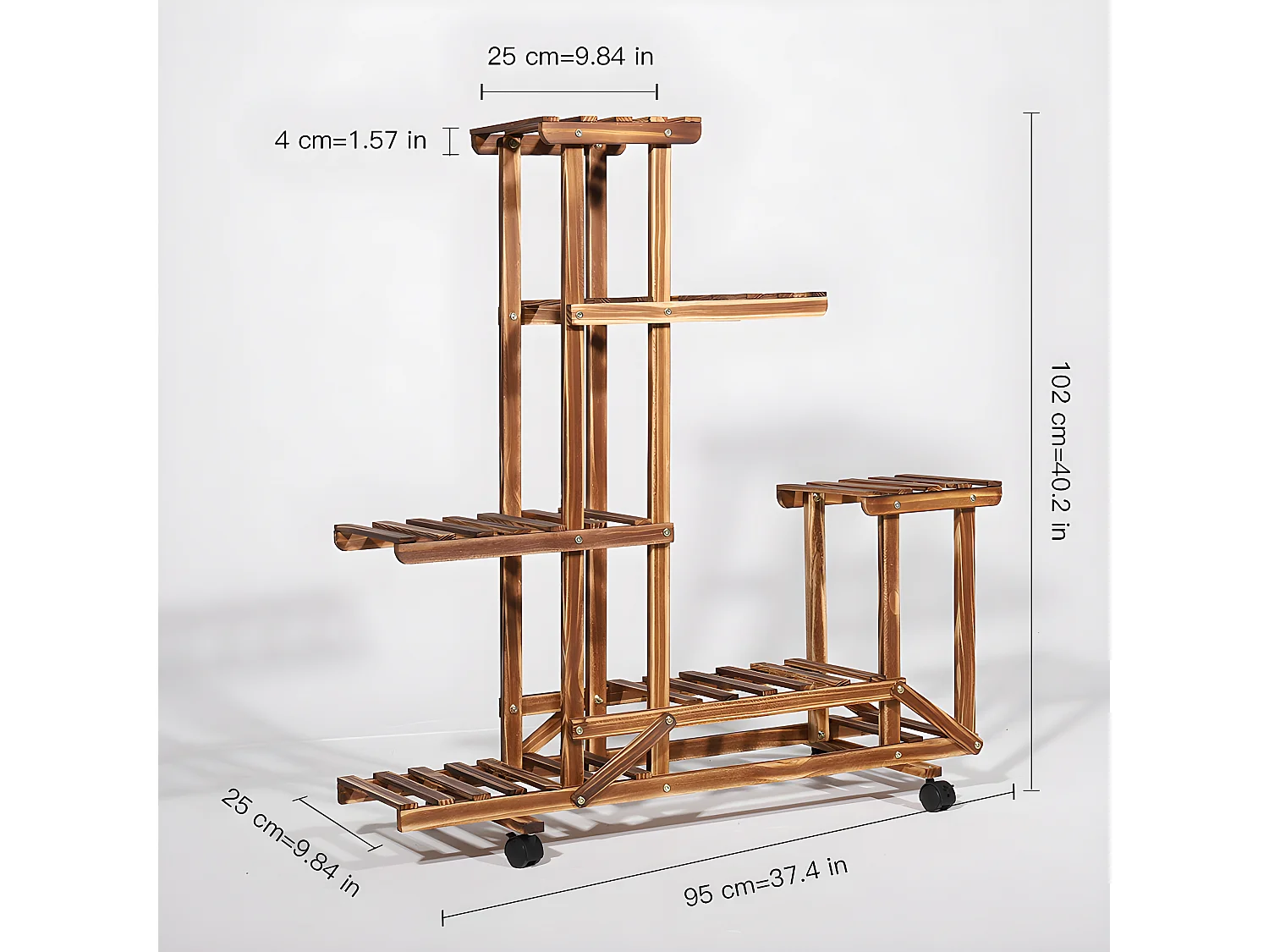 Étagère à fleurs à roulettes porte plante en bois pour balcon salon jardin 95x25x102cm