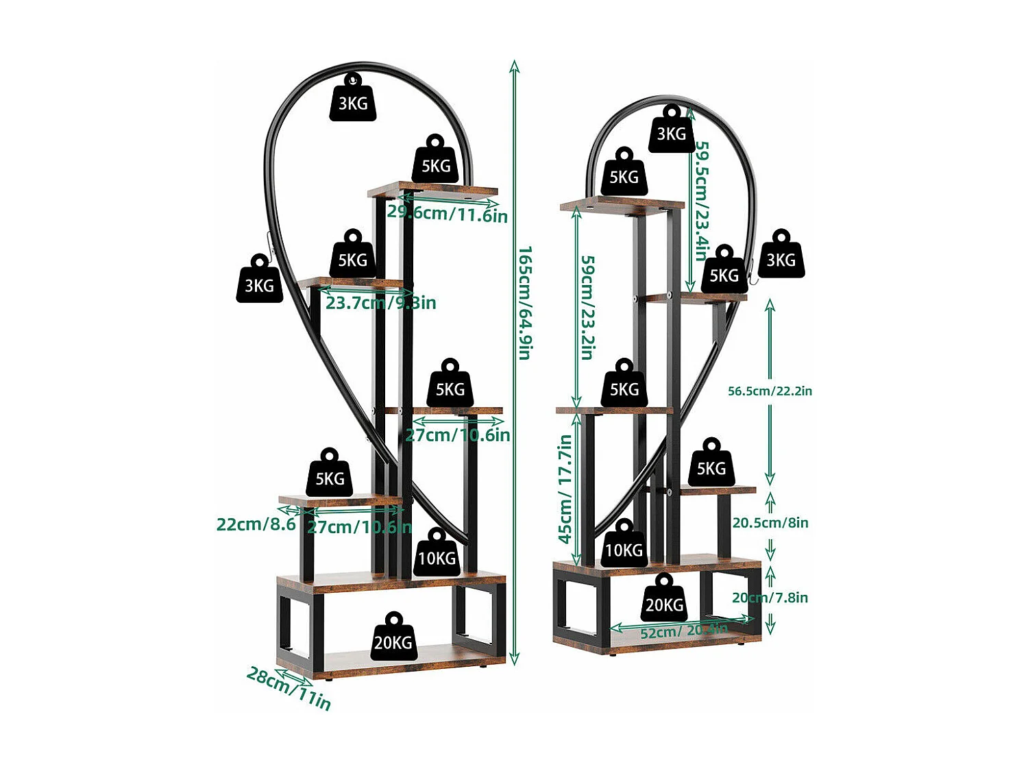 Porte plante intérieur en fer forgé étagère plantes support pot de fleurs à 6 niveau 165x112x28cm