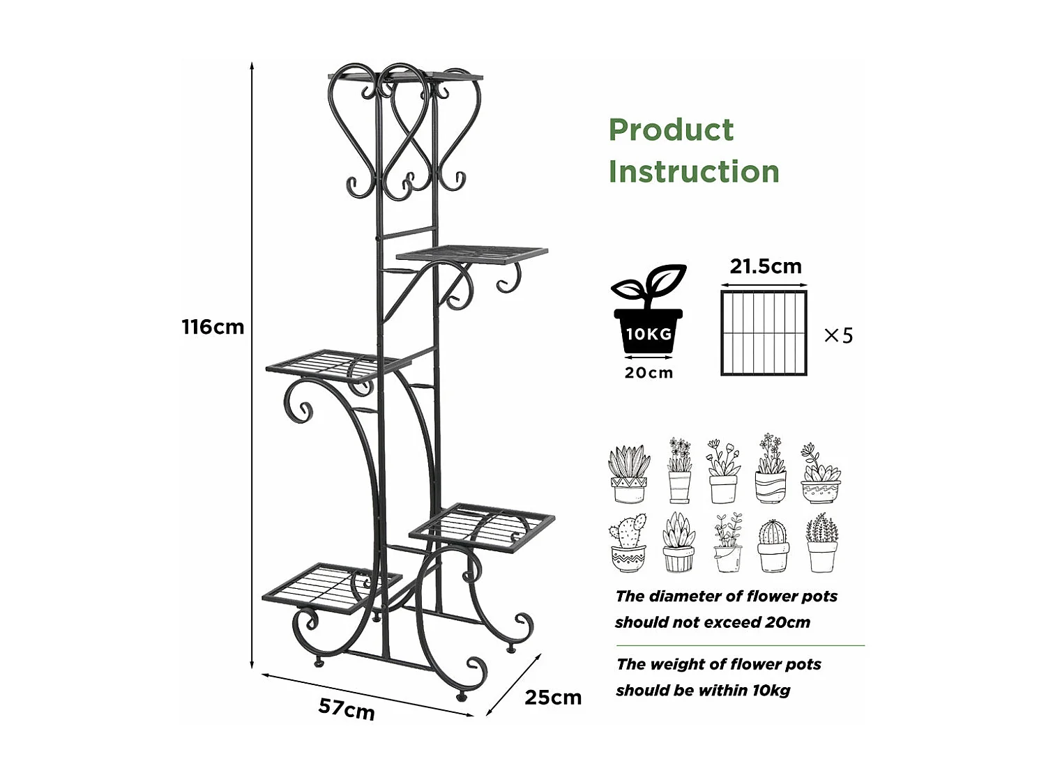 Étagère plante intérieure porte plantes extérieur de 5 niveaux support pot de fleurs 107x57x22cm