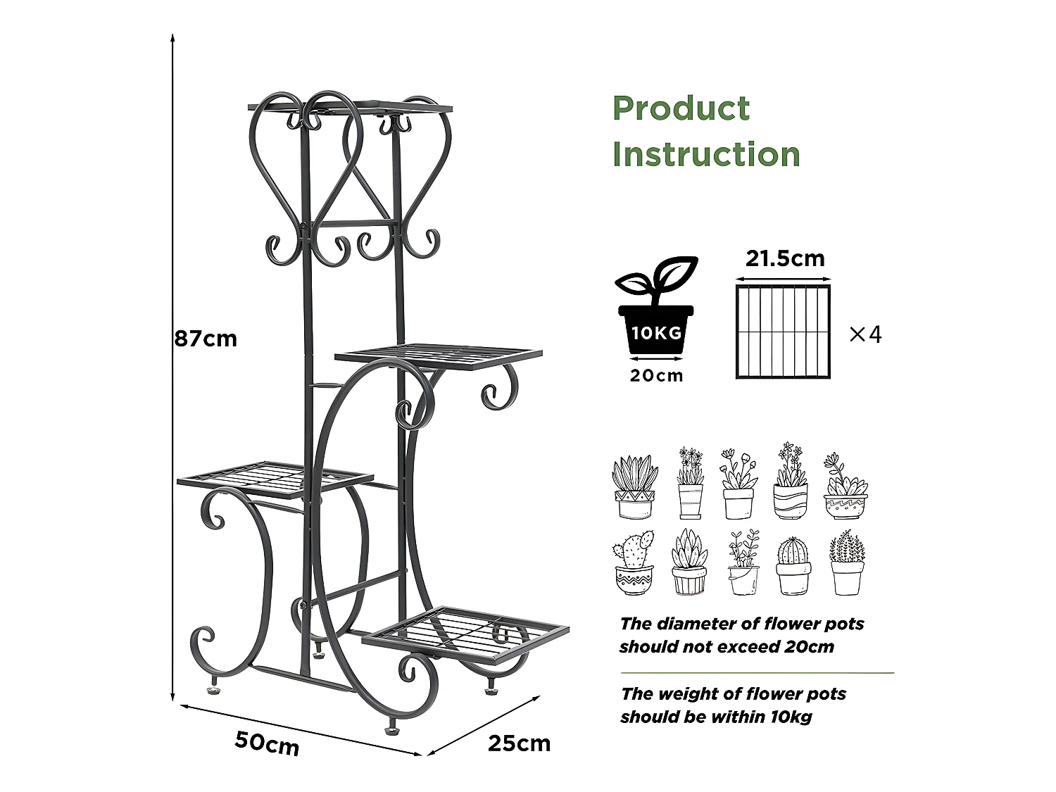 Porte plantes étagère plante intérieure support pot de fleurs extérieur 87x50x25cm