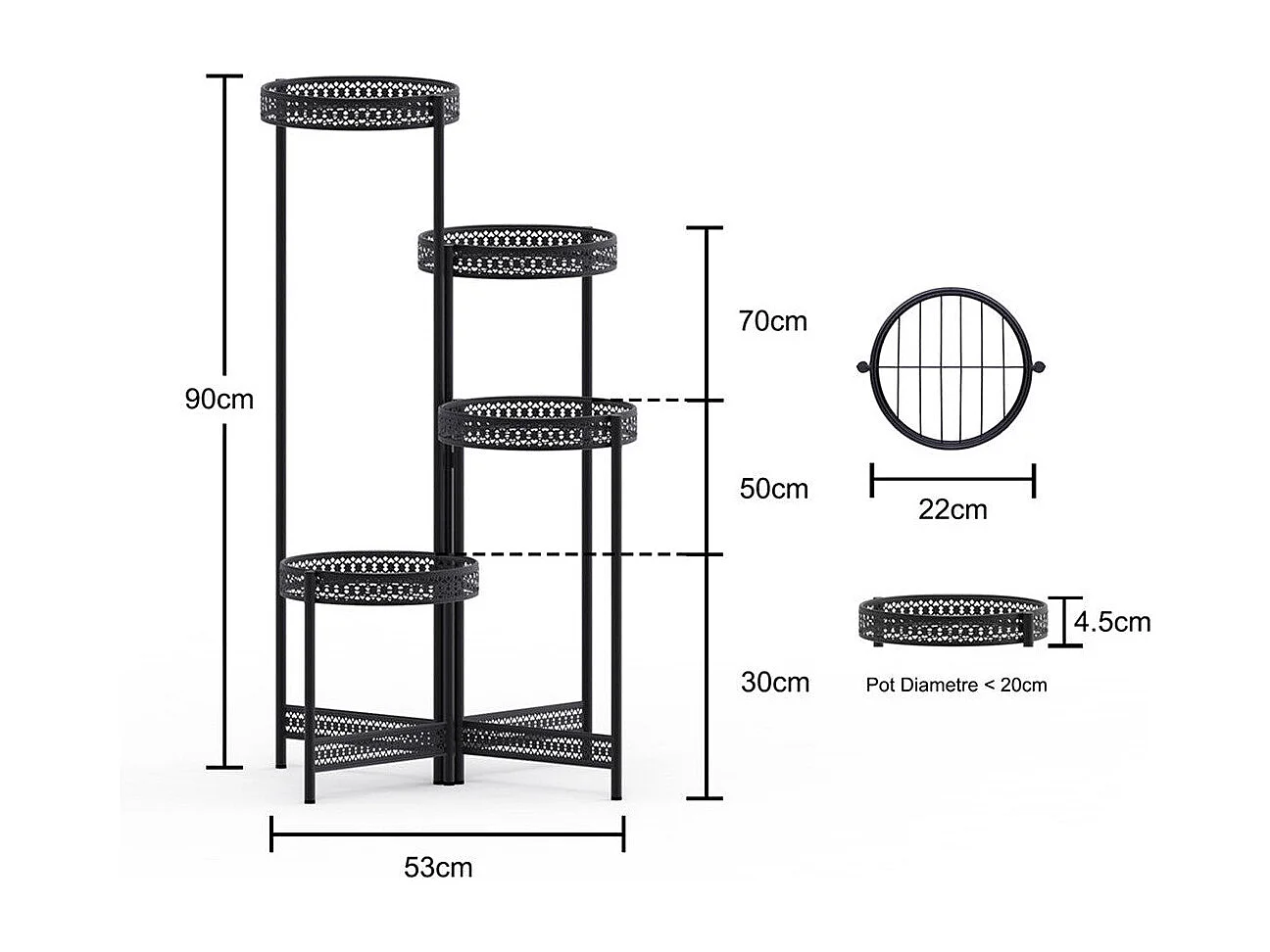 Porte plantes étagère plante métallique de 4 niveaux escalier pour fleurs 53x90cm