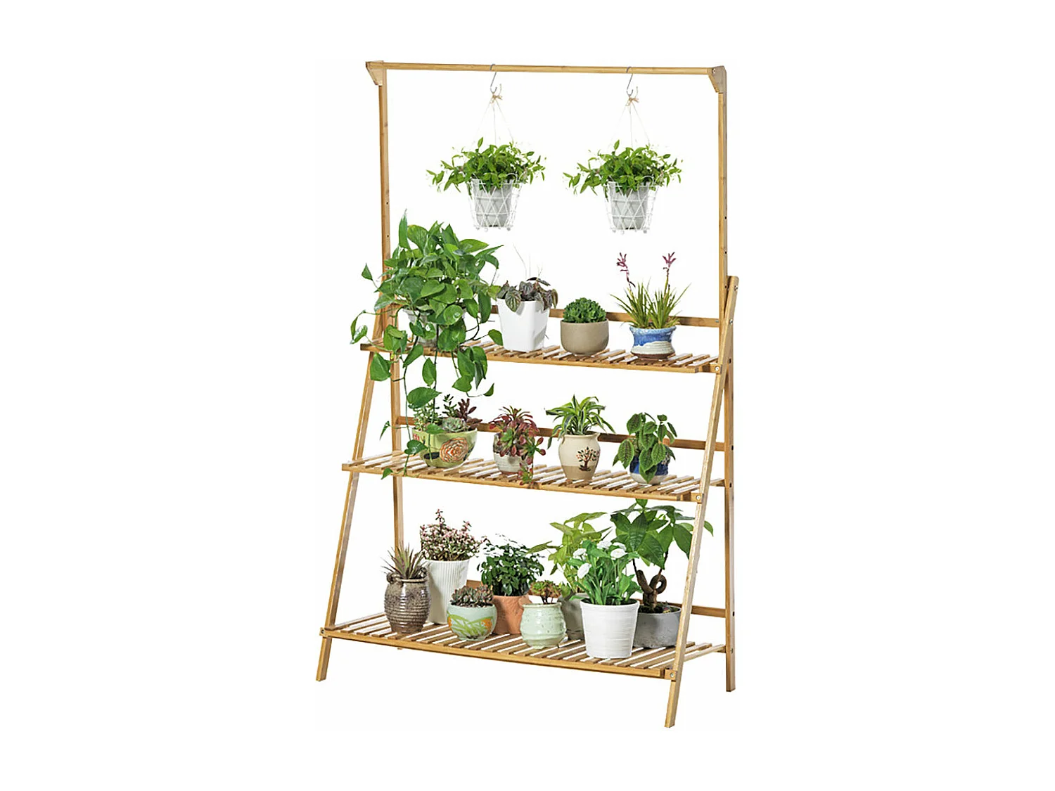 Porte plante suspendue étagère plante pliable de 3 niveaux echelle fleur avec tige suspendue idéal pour maison jardin 70x40x96cm