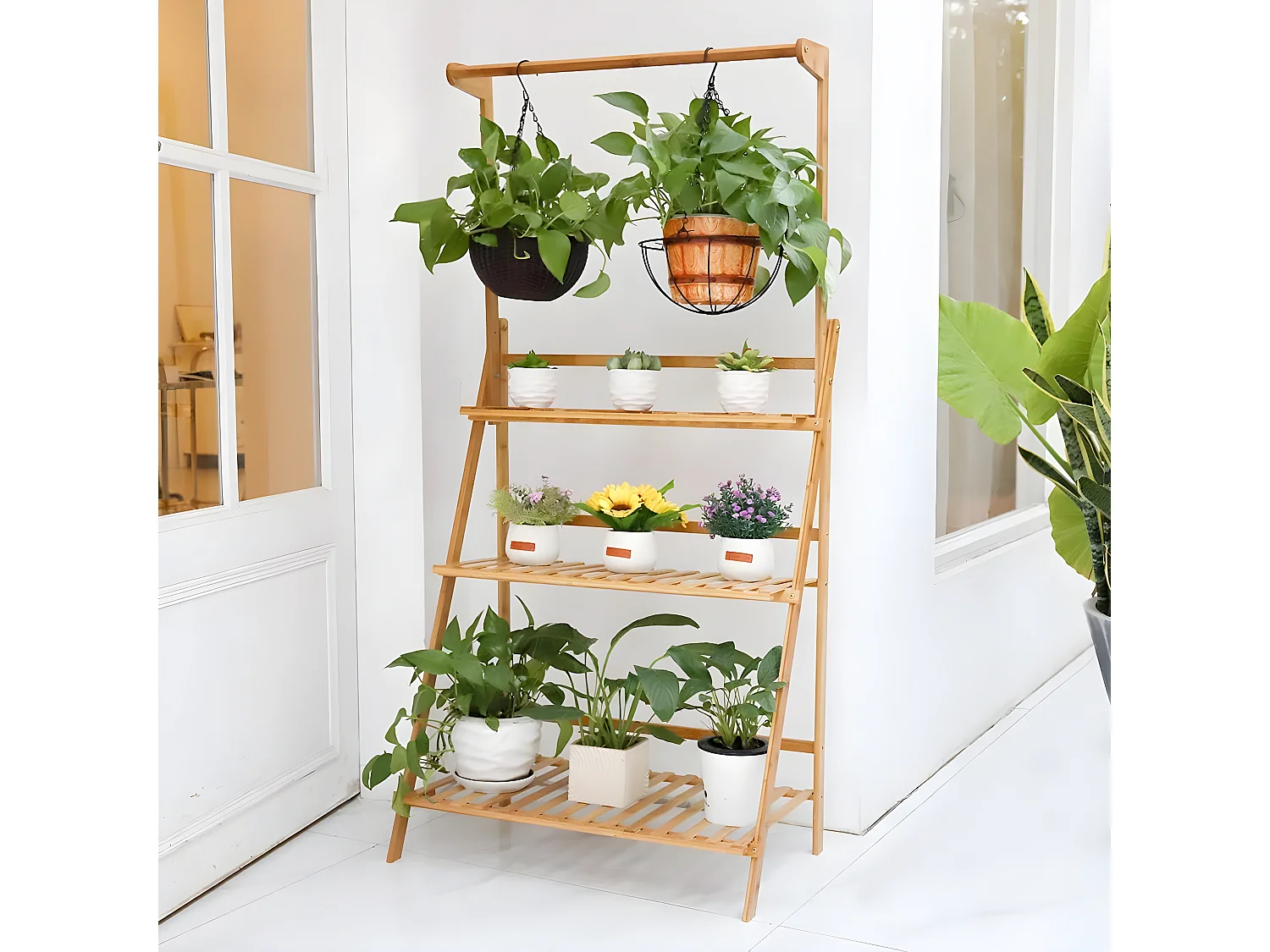 Porte plante suspendue étagère plante pliable de 3 niveaux echelle fleur avec tige suspendue idéal pour maison jardin 70x40x96cm