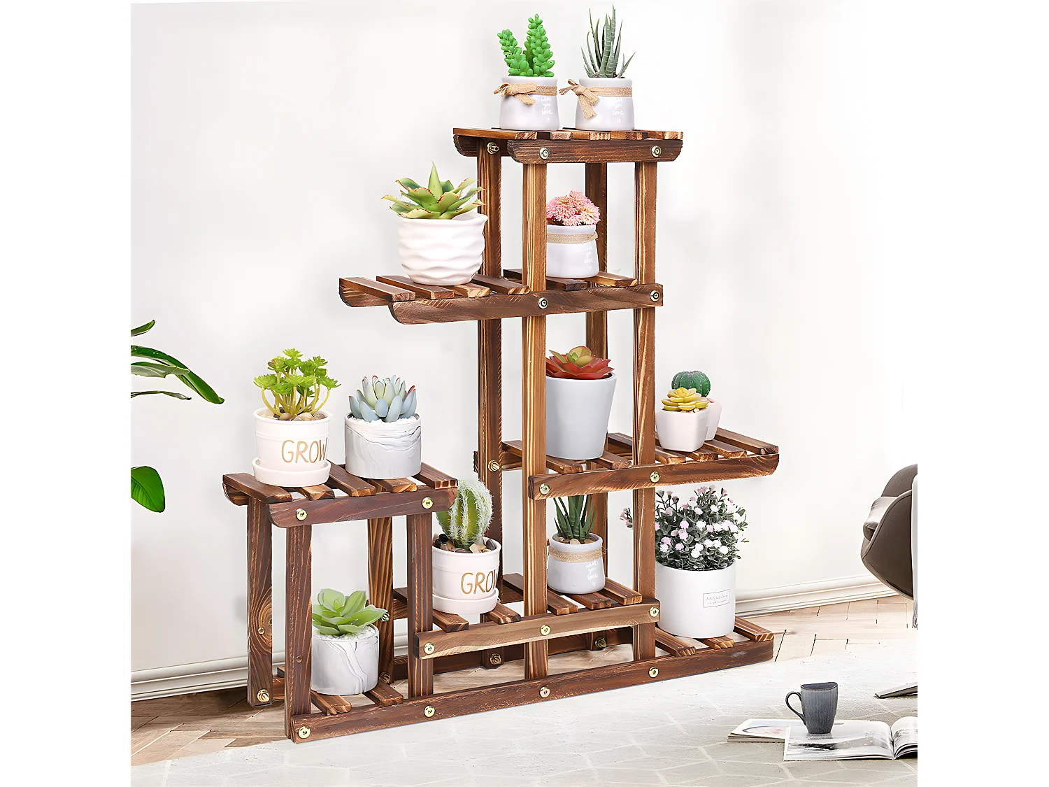 Étagère plante balcon porte plantes en bois massif support pour pot de fleur 60x61.5x11.5cm