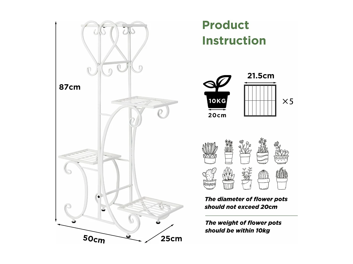 Étagère plante intérieure porte plantes support pot de fleurs sur pied pour balcon 87x50x25cm