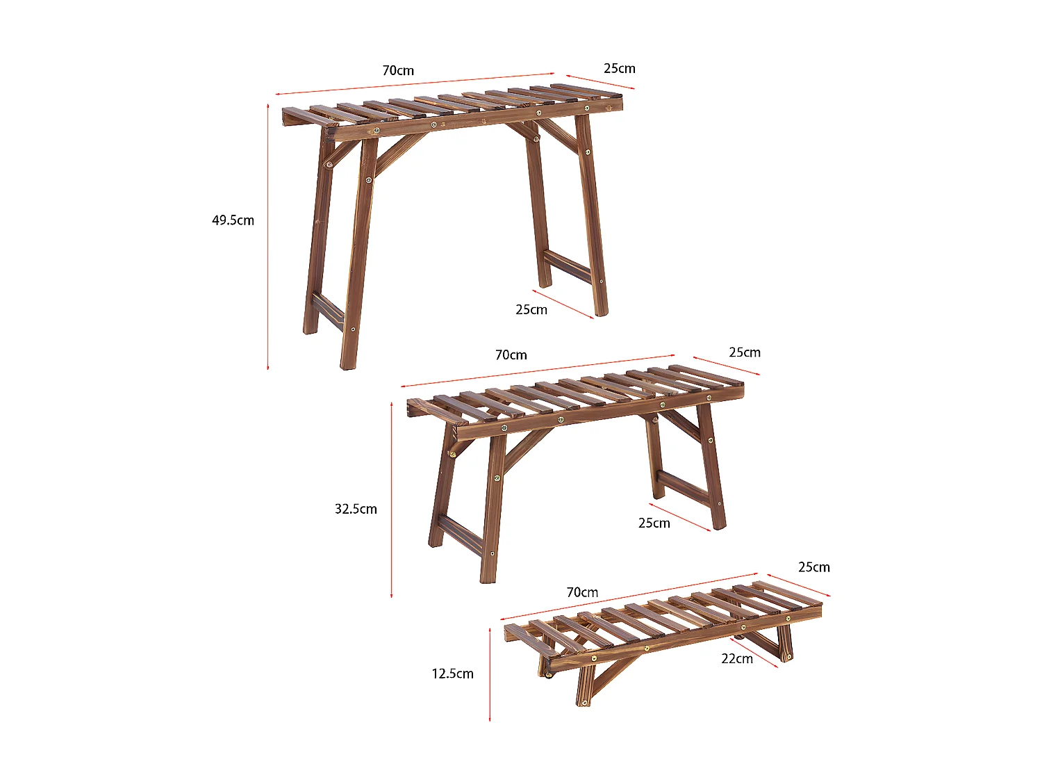 Lot de 3 porte plante extétieur étagère plantes escalier plantes bois 70x25x49.5cm