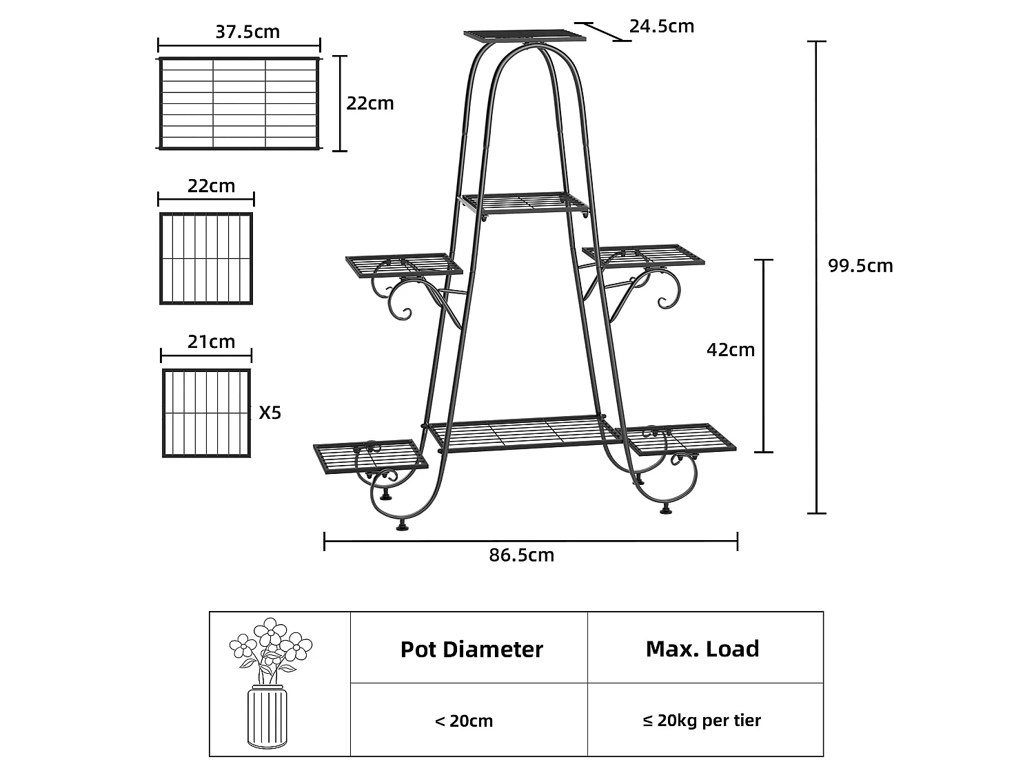 Porte plante intérieur en métal étagère plante extérieur support pot de fleurs fer forgé support plante charge max 140kg 66x22x102cm
