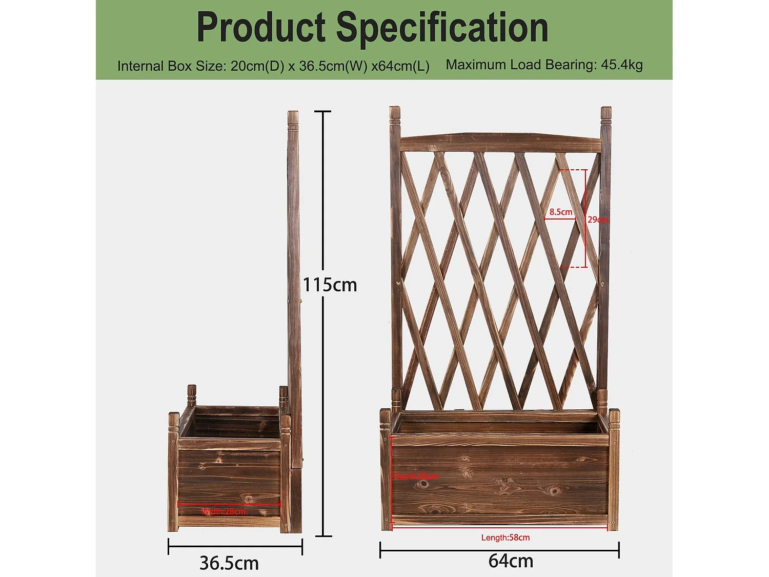 Jardinière treillis extérieure bac à fleurs rectangulaire grande taille carré potager surélevé de jardin esthétique 64x36.5x115cm