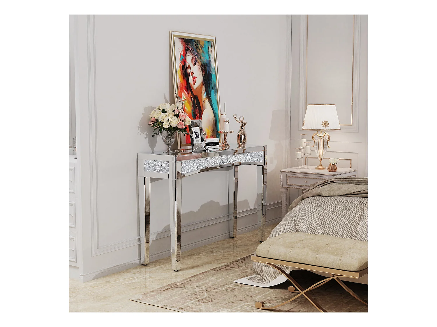 Table console entrée plateau en verre miroir pour salon couloir 120x35x80.5cm