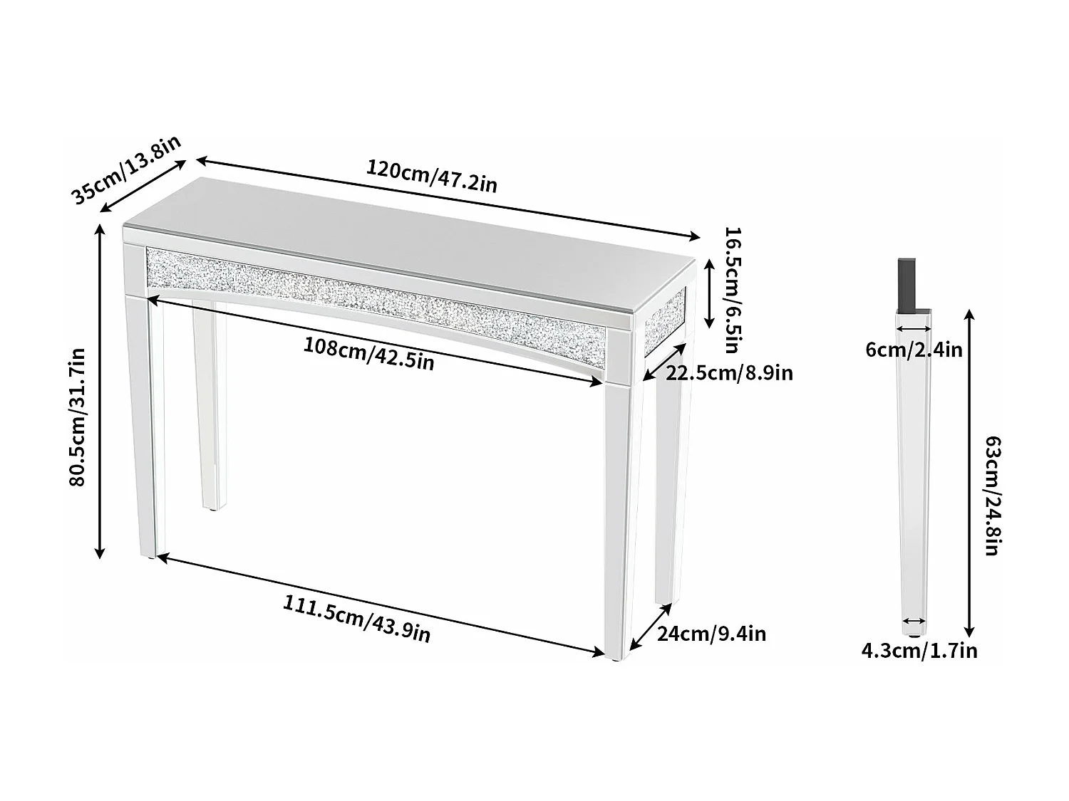 Table console entrée plateau en verre miroir pour salon couloir 120x35x80.5cm